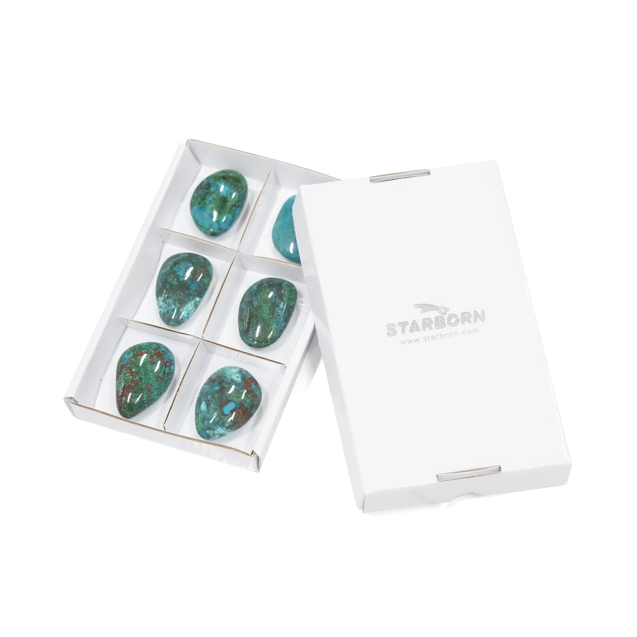 Image showing the six polished chrysocolla palm stones in the sectioned flat box placed next to the matching box lid, illustrating how the set is packaged.