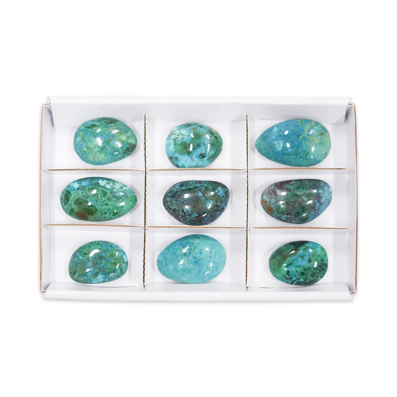 Second front‑facing image showing nine polished chrysocolla freeform palm stones arranged in individual sections inside a flat display box, with each stone showing varied blue‑green coloration and natural patterning.