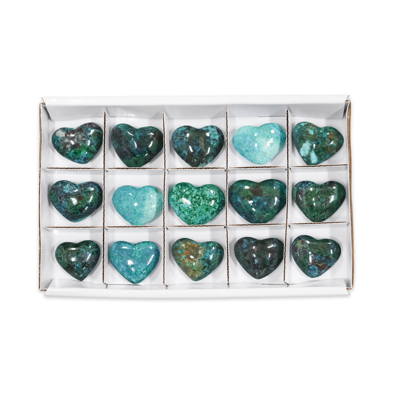 Second front‑facing image showing fifteen chrysocolla heart stones arranged in a sturdy flat box with individual sections, displaying varied blue‑green coloration and natural patterning across the hearts. Showcasing stone's color variations.