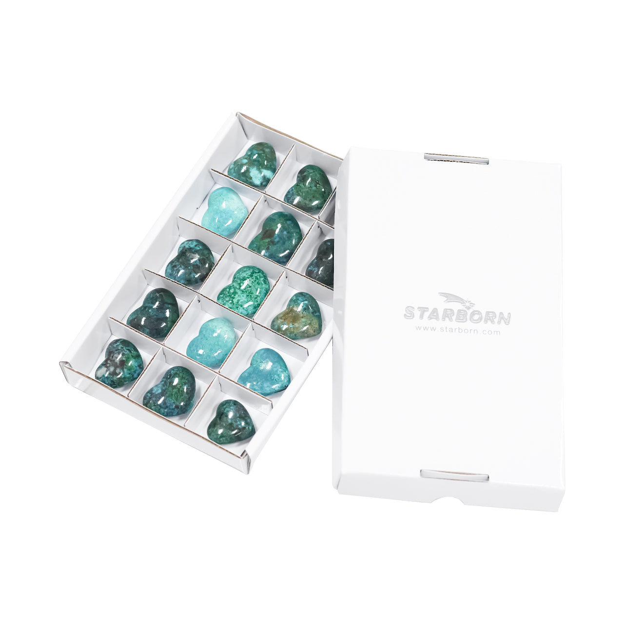 Image showing the sectioned flat box containing the fifteen chrysocolla heart stones placed next to the box lid, illustrating how the set is packaged.