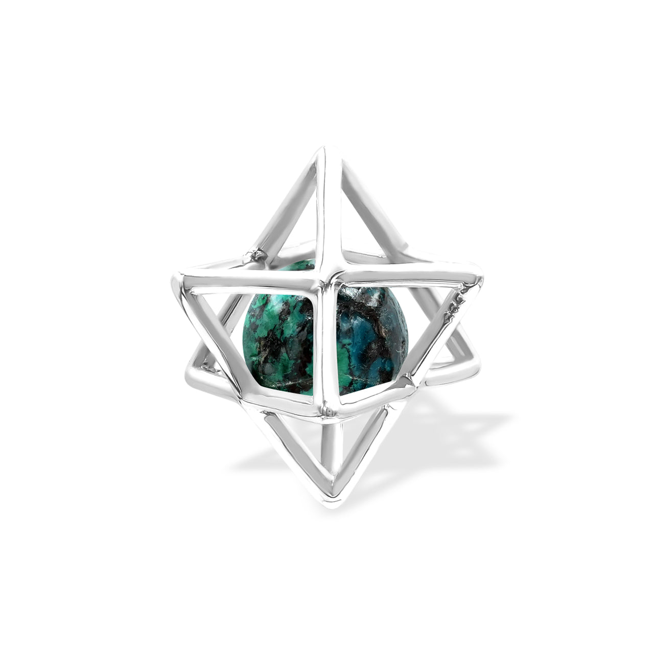 Starborn Merkabah Sterling Silver Cage Pendant and Chain with Chrysocolla Sphere
