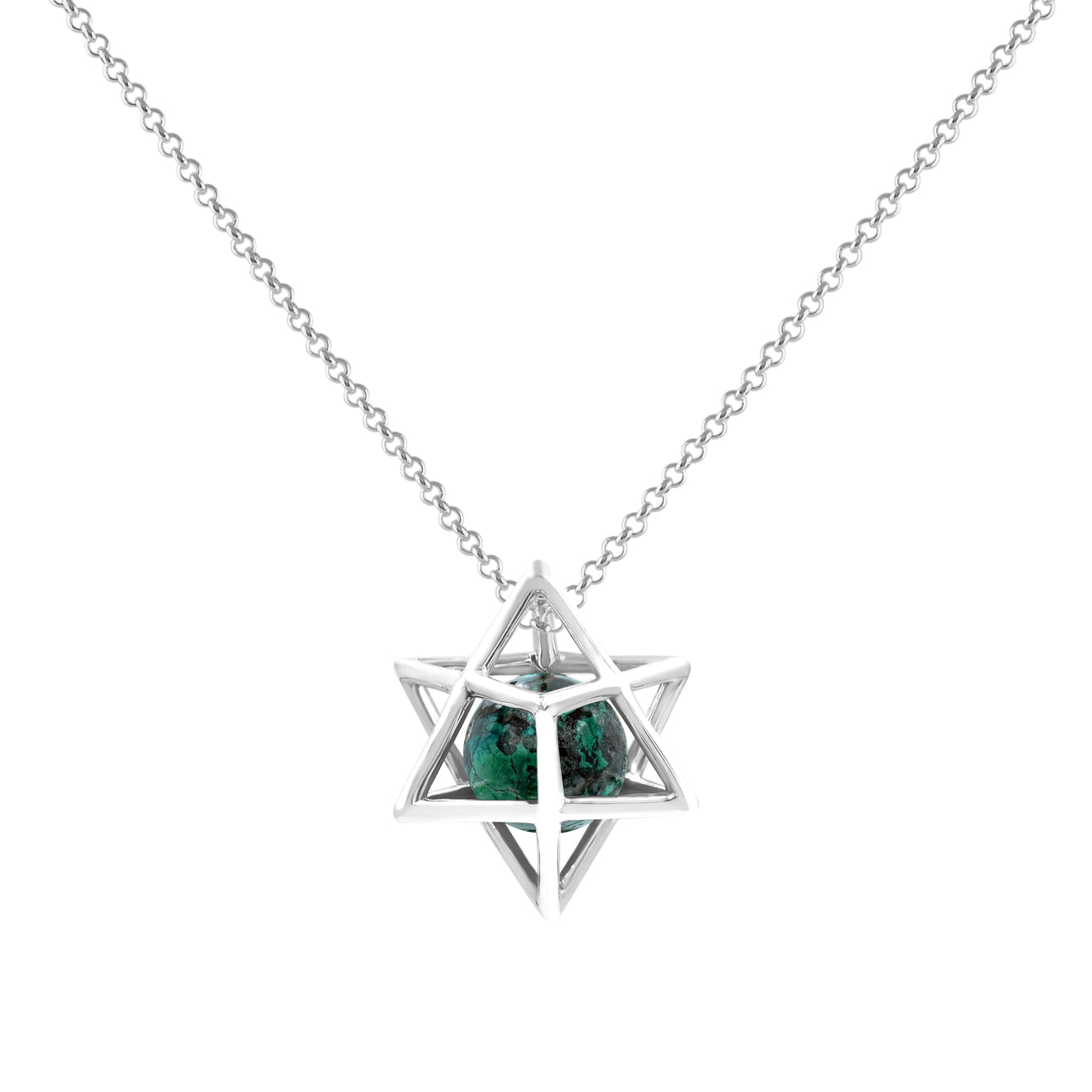 Starborn Merkabah Sterling Silver Cage Pendant and Chain with Chrysocolla Sphere