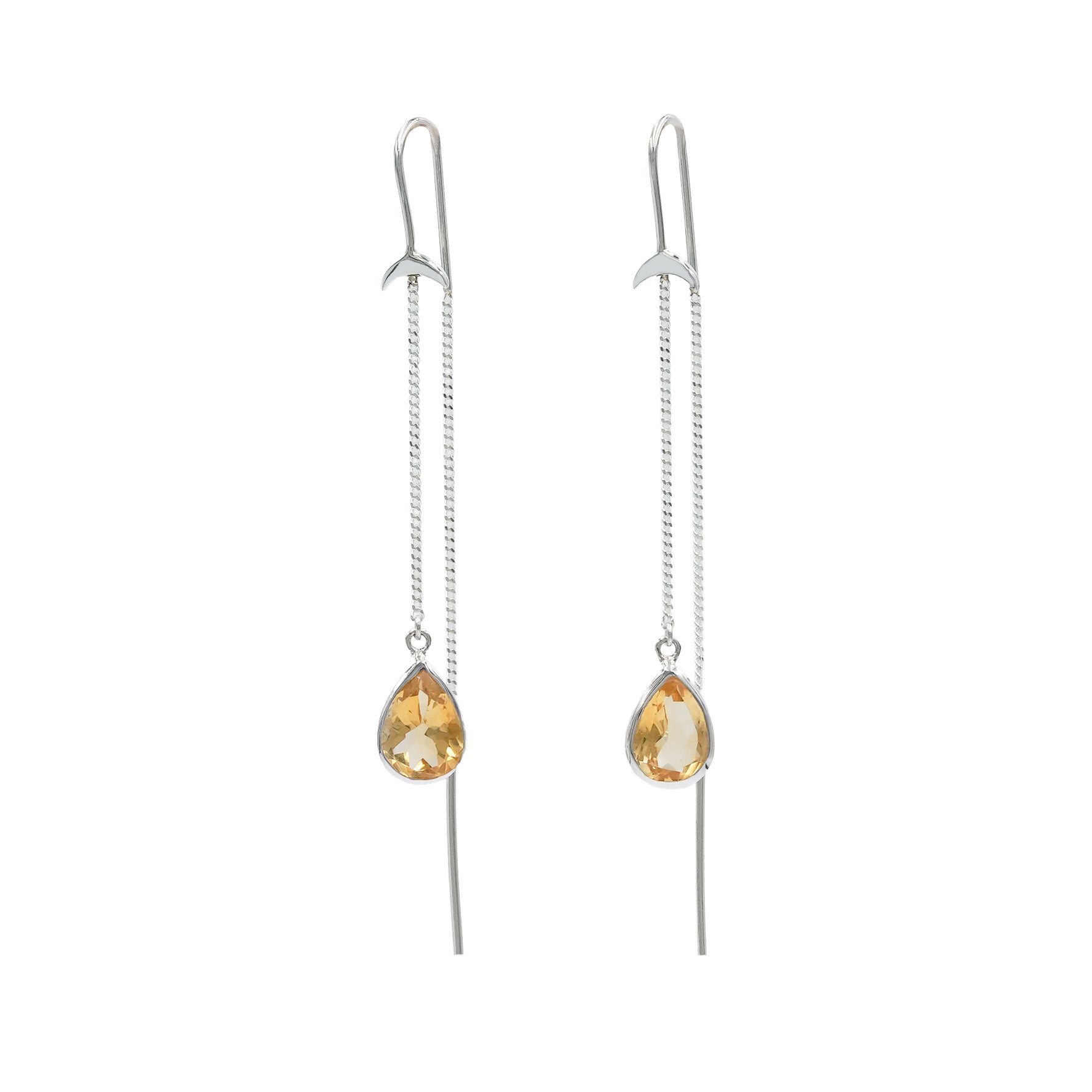 Starborn Citrine Pear Faceted Threader Earring with Crescent Moon Accents in Sterling Silver