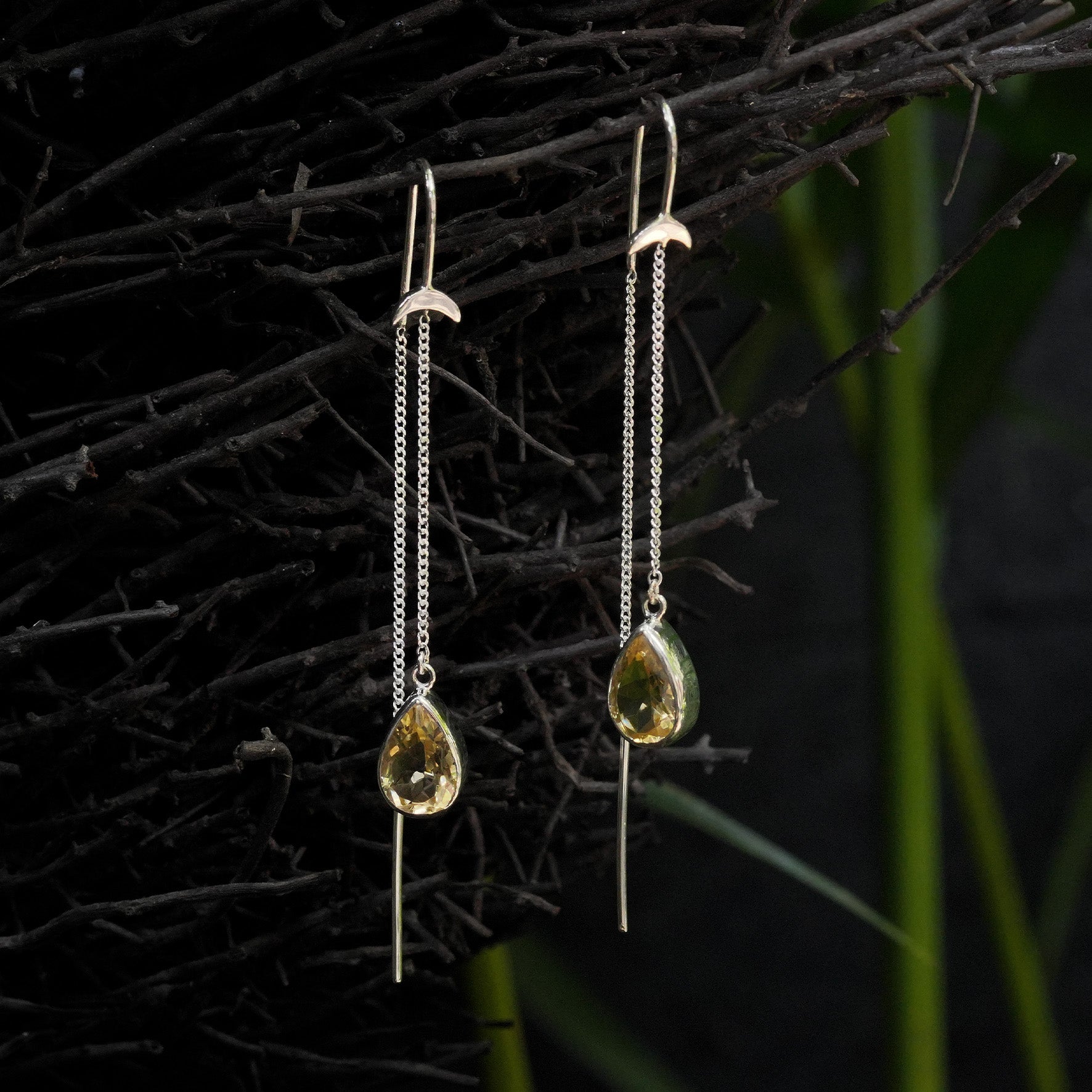 Starborn Citrine Pear Faceted Threader Earring with Crescent Moon Accents in Sterling Silver