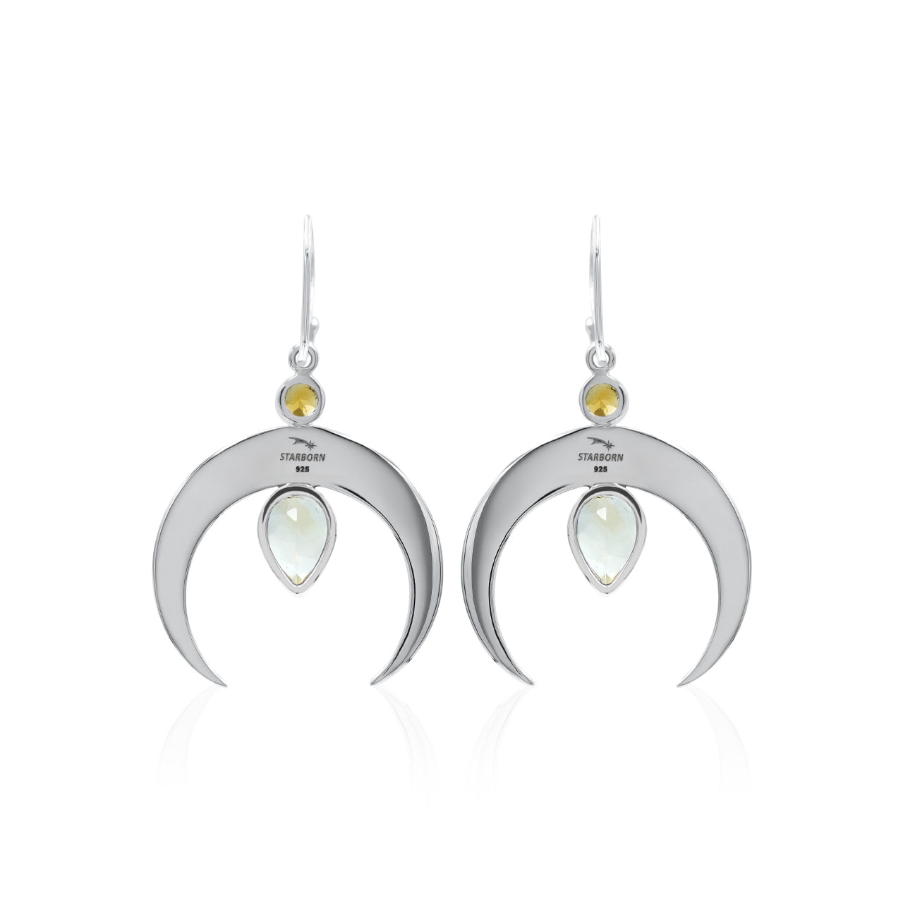 Starborn Crescent Moon Filigree with Pear Faceted Gemstone Dangle Earrings in Sterling Silver