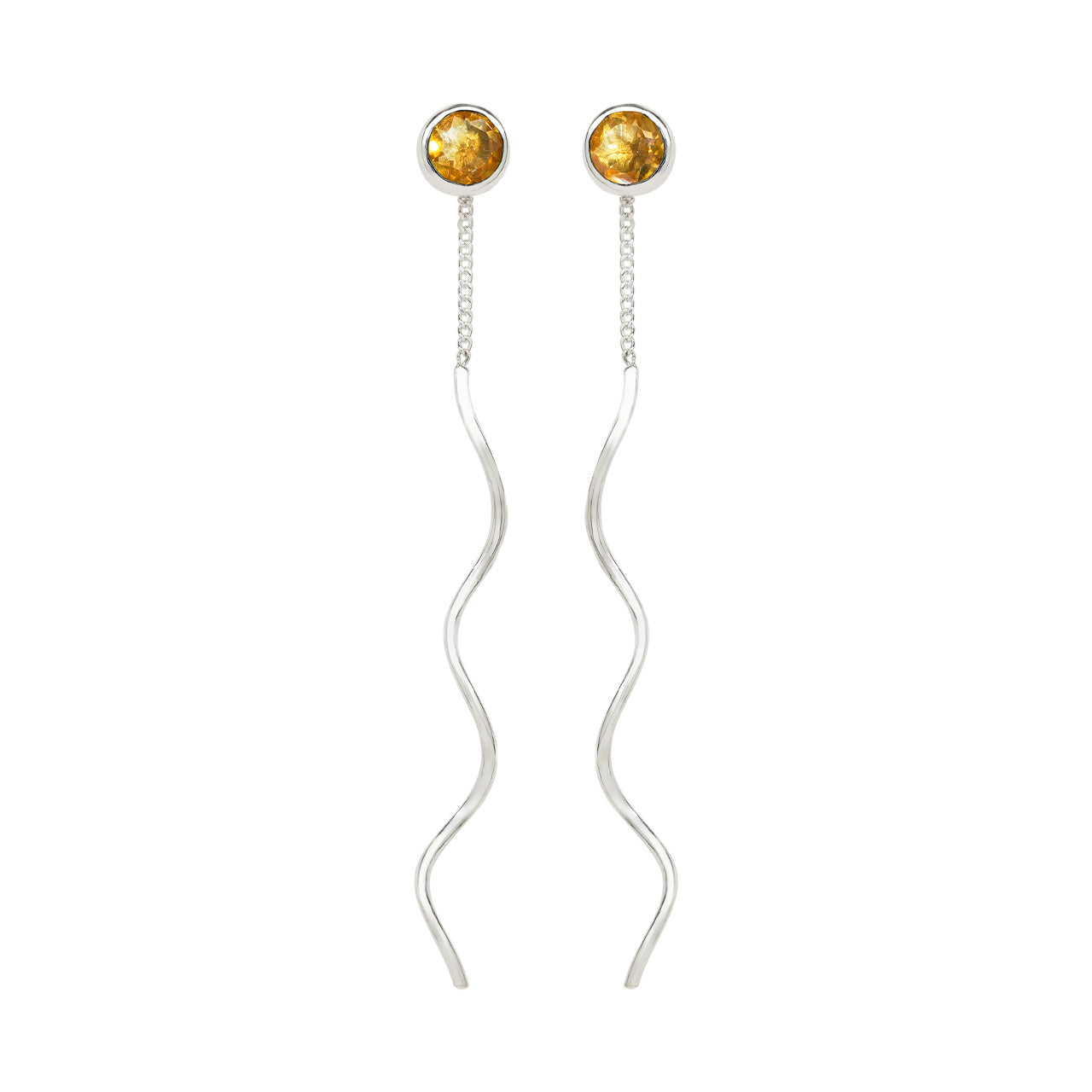 Starborn Faceted Citrine Stud Earrings with Flowing Curled Wire Drop in Sterling Silver