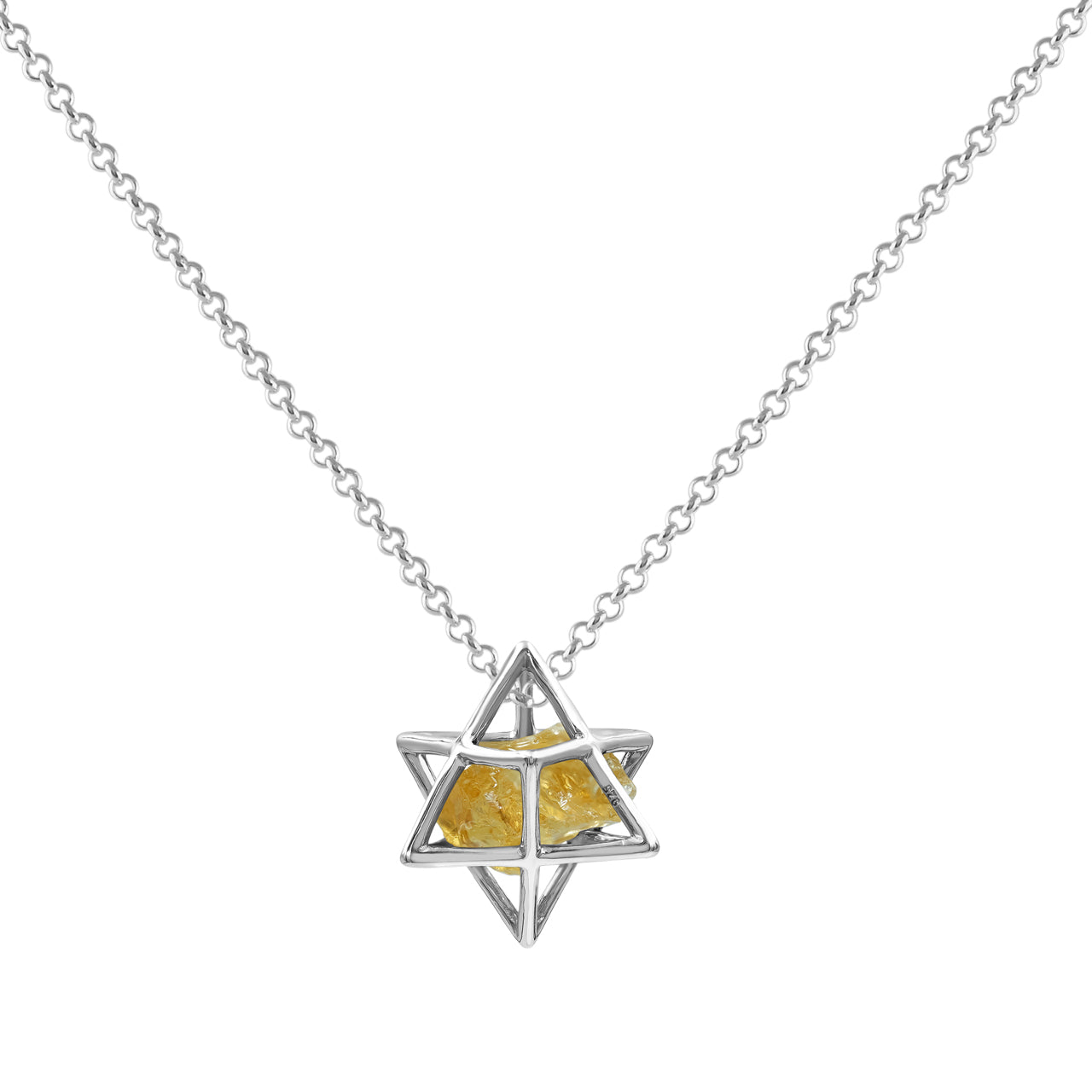 Starborn Natural Raw Gemstone in Merkabah Sterling Silver Cage Pendant and Chain