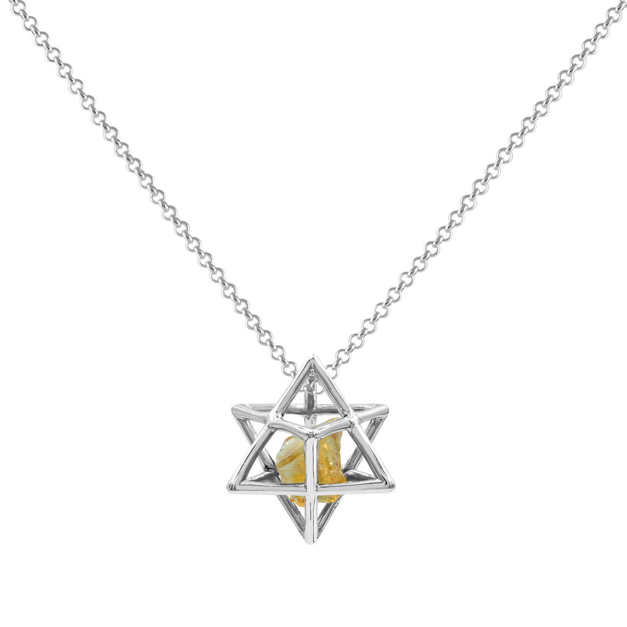 Starborn Natural Raw Citrine in Merkabah Sterling Silver Cage Pendant and Chain