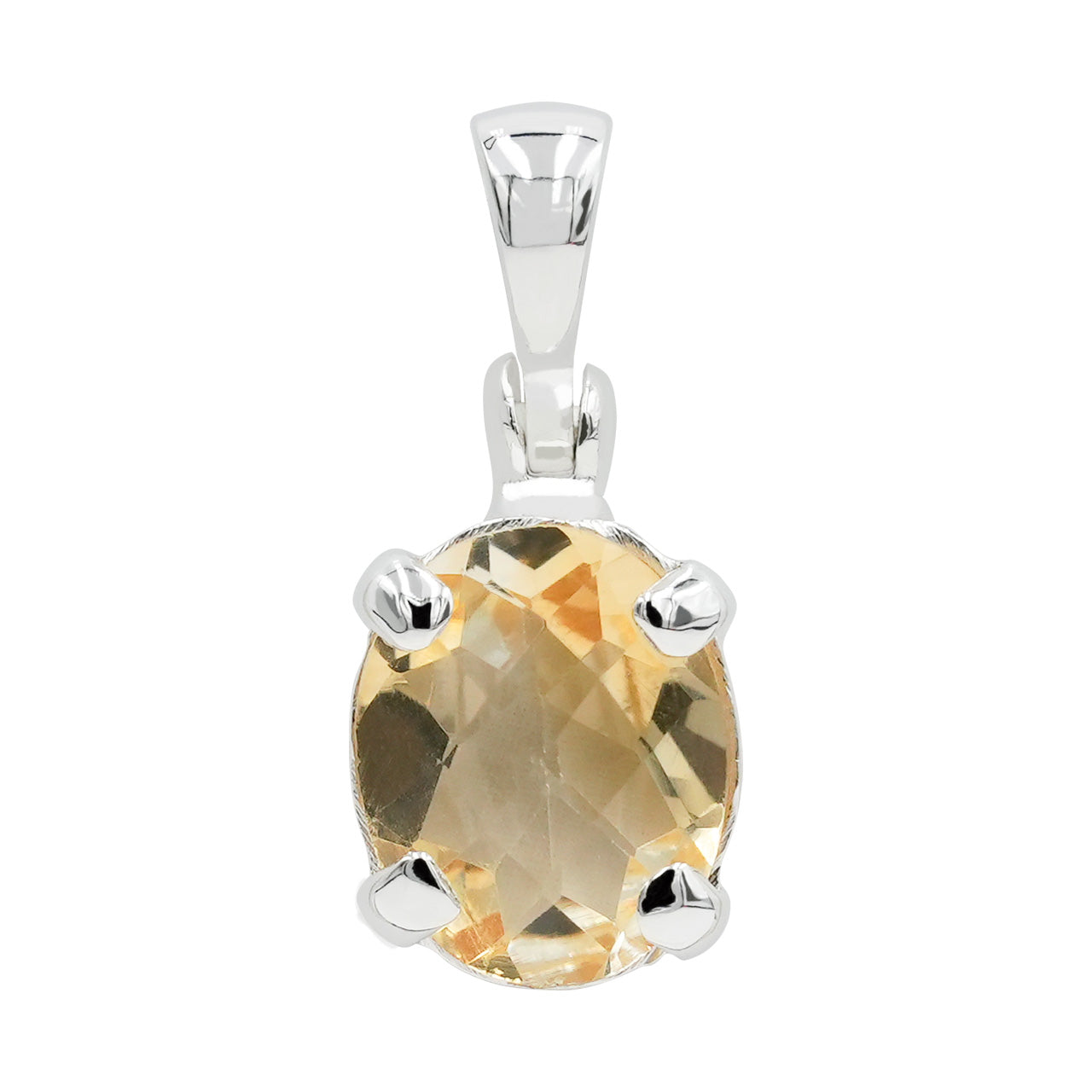 Front view of an oval faceted citrine pendant in sterling silver, featuring a prong‑set oval gemstone with a smooth silver bail at the top.