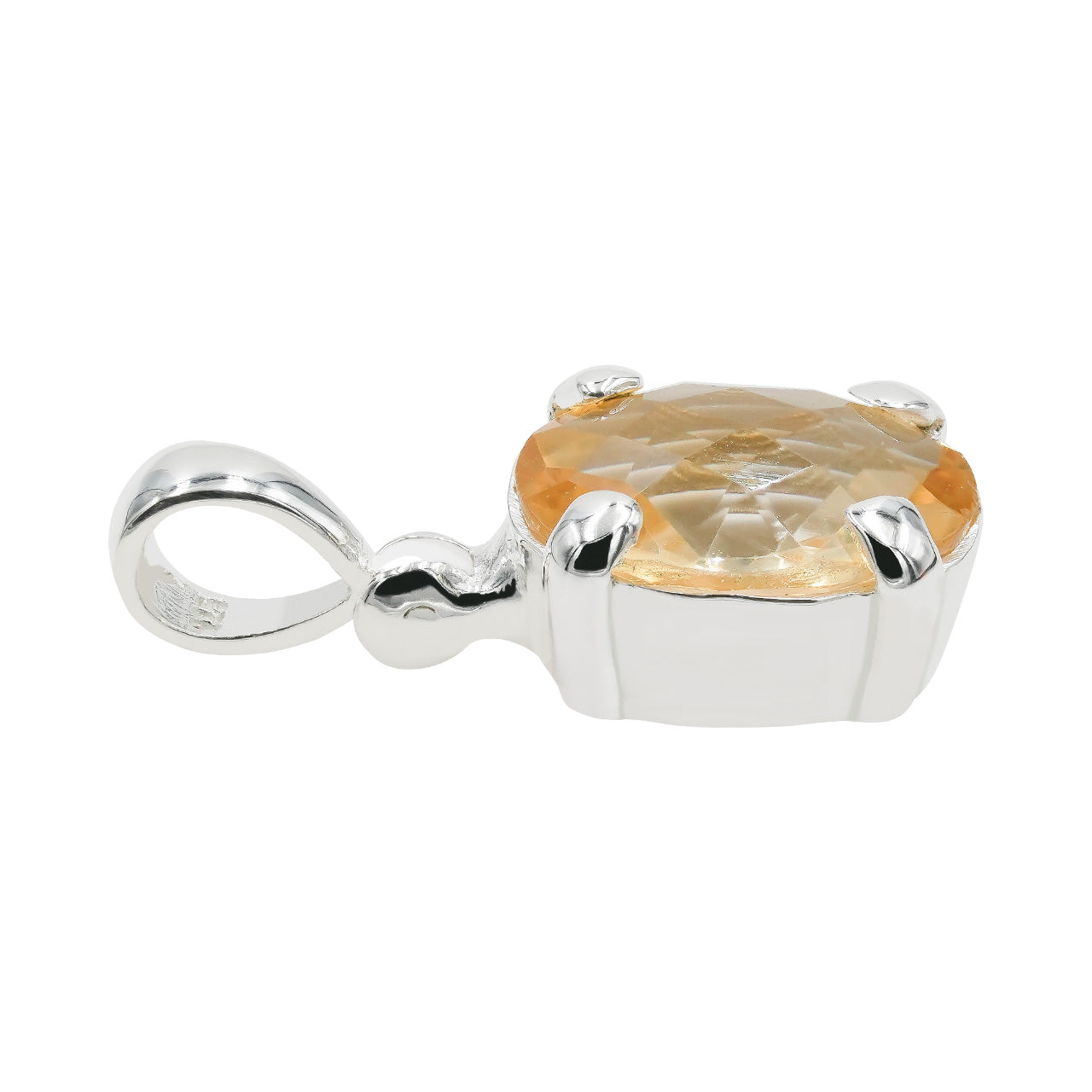 Side view of the oval faceted citrine sterling silver pendant showing the depth of the prong setting and the shape of the silver bail.