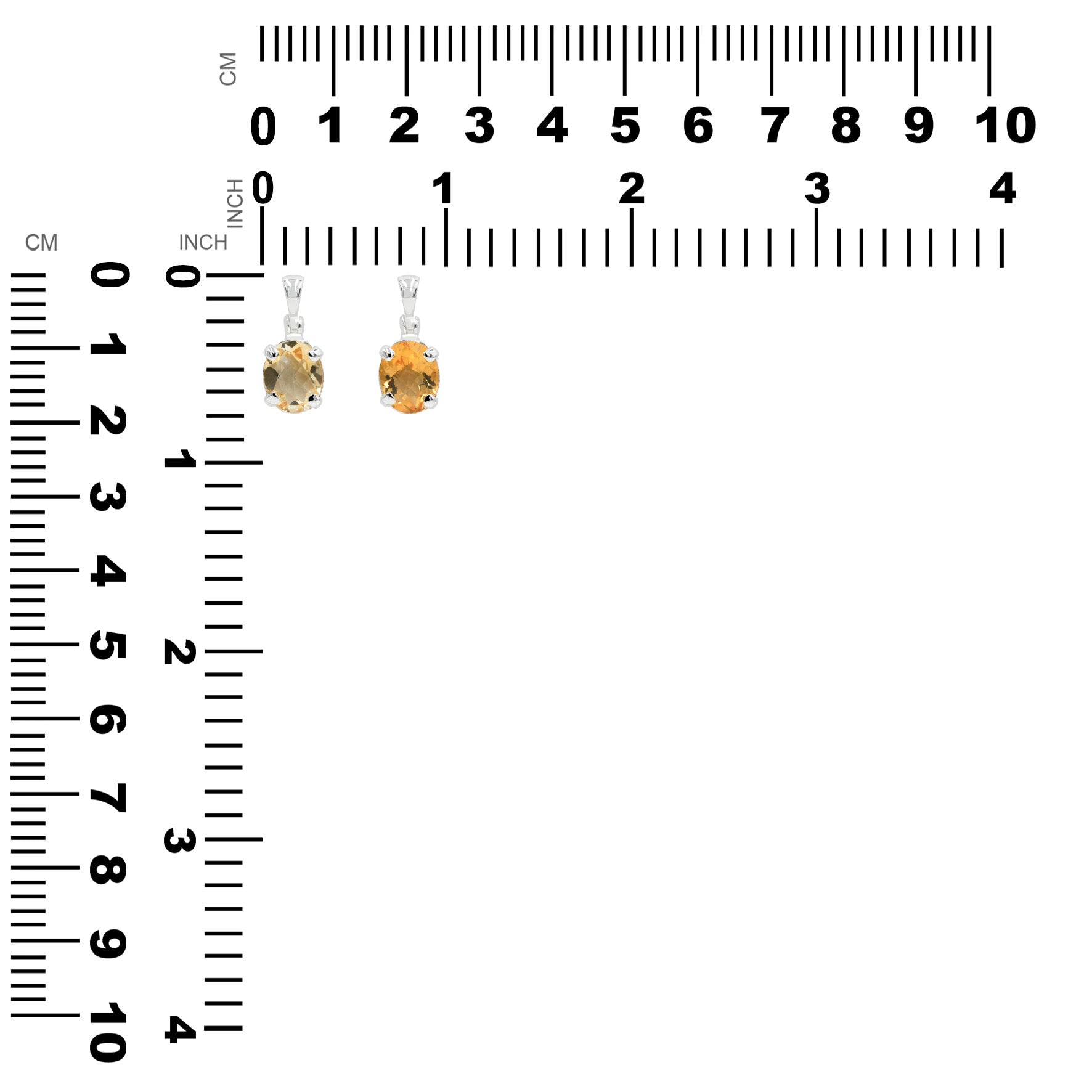 Pair of pendants displayed next to a measurement chart showing height and width in millimeters and inches.