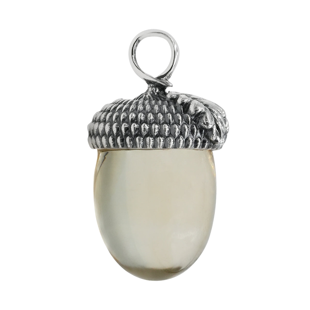 Side view of the citrine acorn pendant in sterling silver, showing the smooth curved surface of the citrine stone, the textured sterling silver acorn cap wrapping around the top, and the rounded silver bail loop attached above the cap.