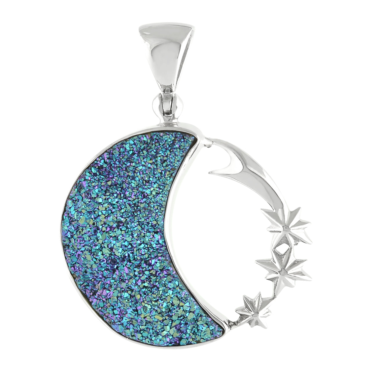 Starborn Quartz Titanium Drusy Crescent Moon Pendant in Sterling Silver