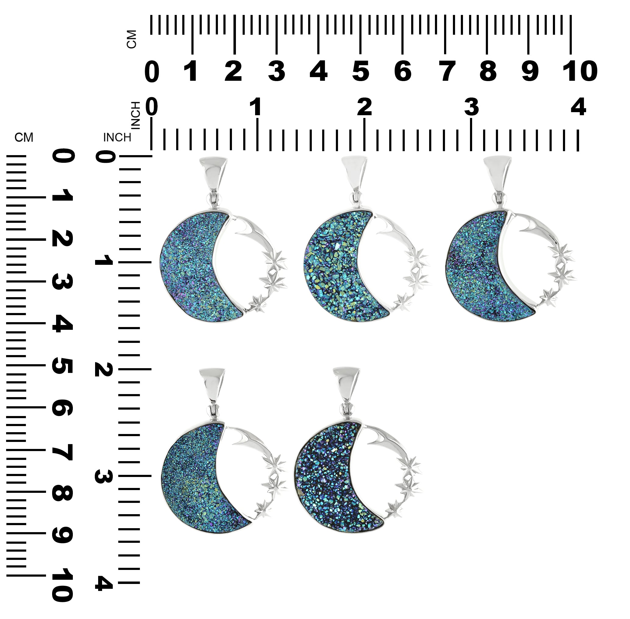 Starborn Quartz Drusy Crescent Moon Pendant with Starborn Logo in Sterling Silver