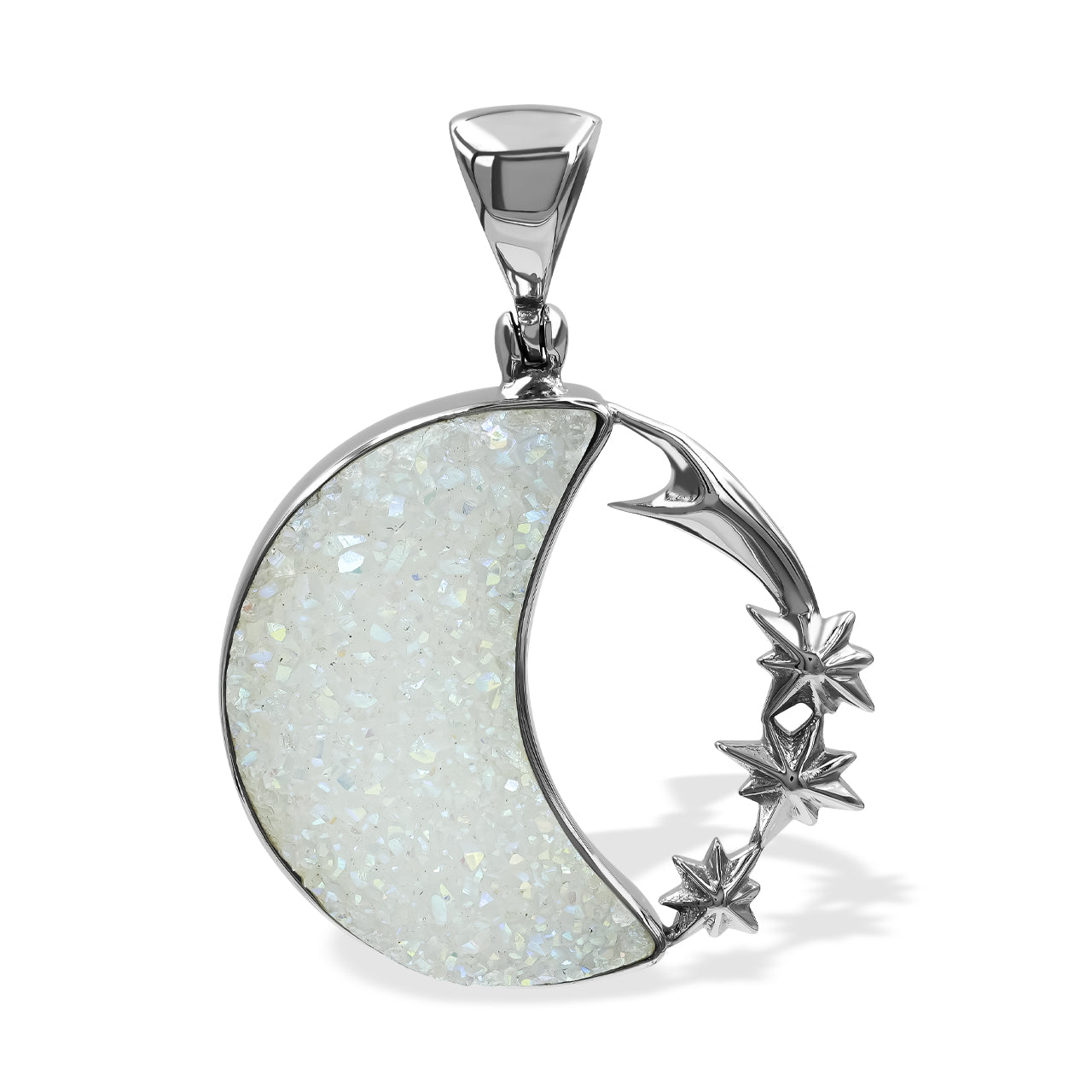 Starborn Quartz Drusy Crescent Moon Pendant with Starborn Logo in Sterling Silver