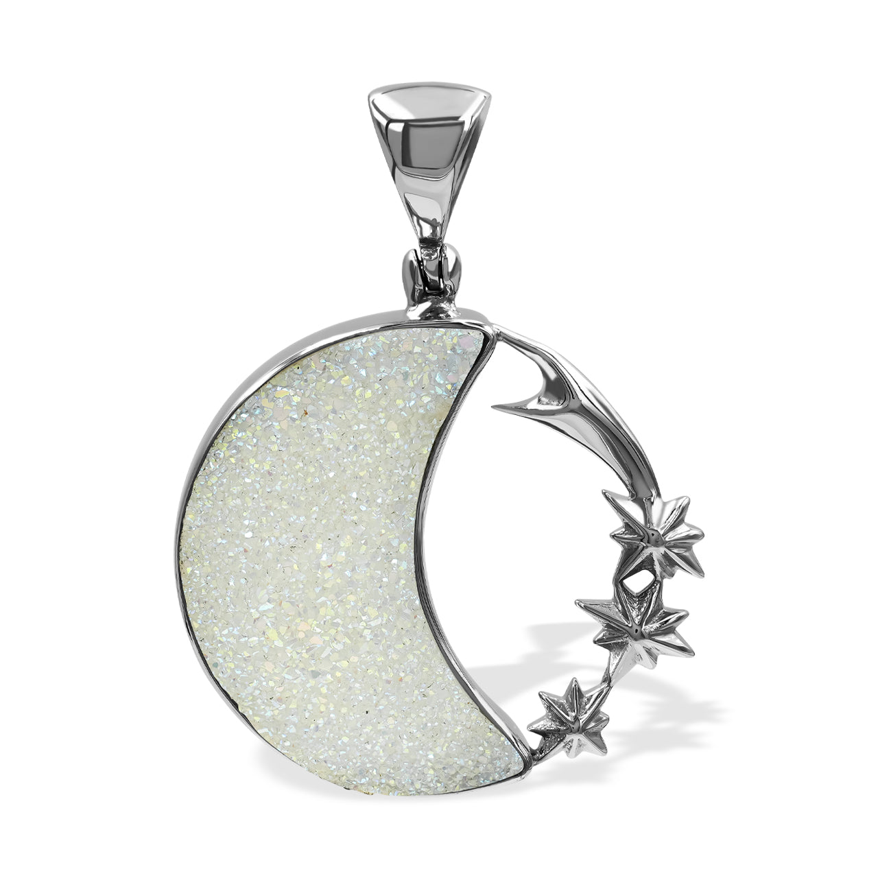 Starborn Quartz SI Opal Drusy Crescent Moon Pendant in Sterling Silver