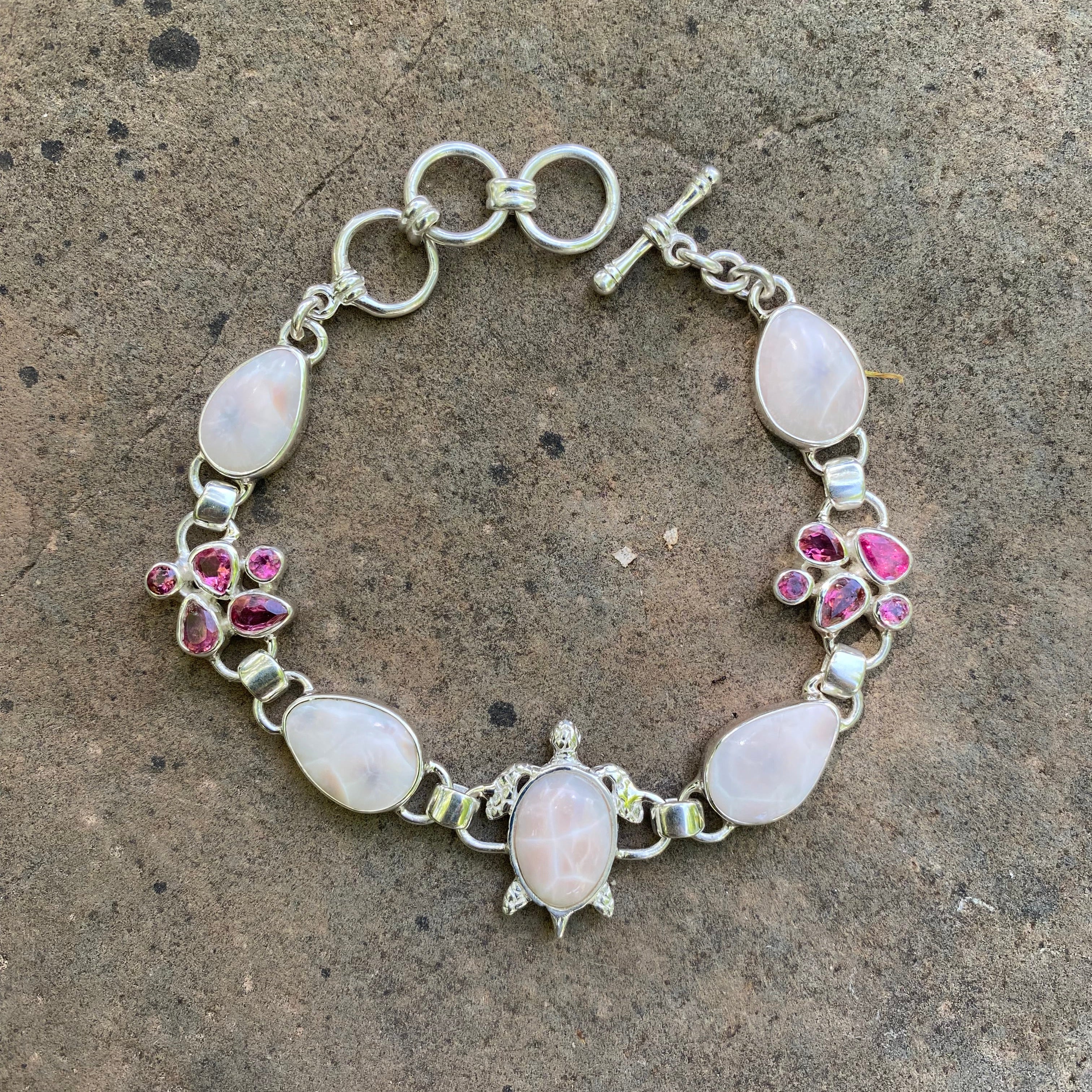 Starborn Pink Natrolite Sea Turtle Bracelet in Sterling Silver