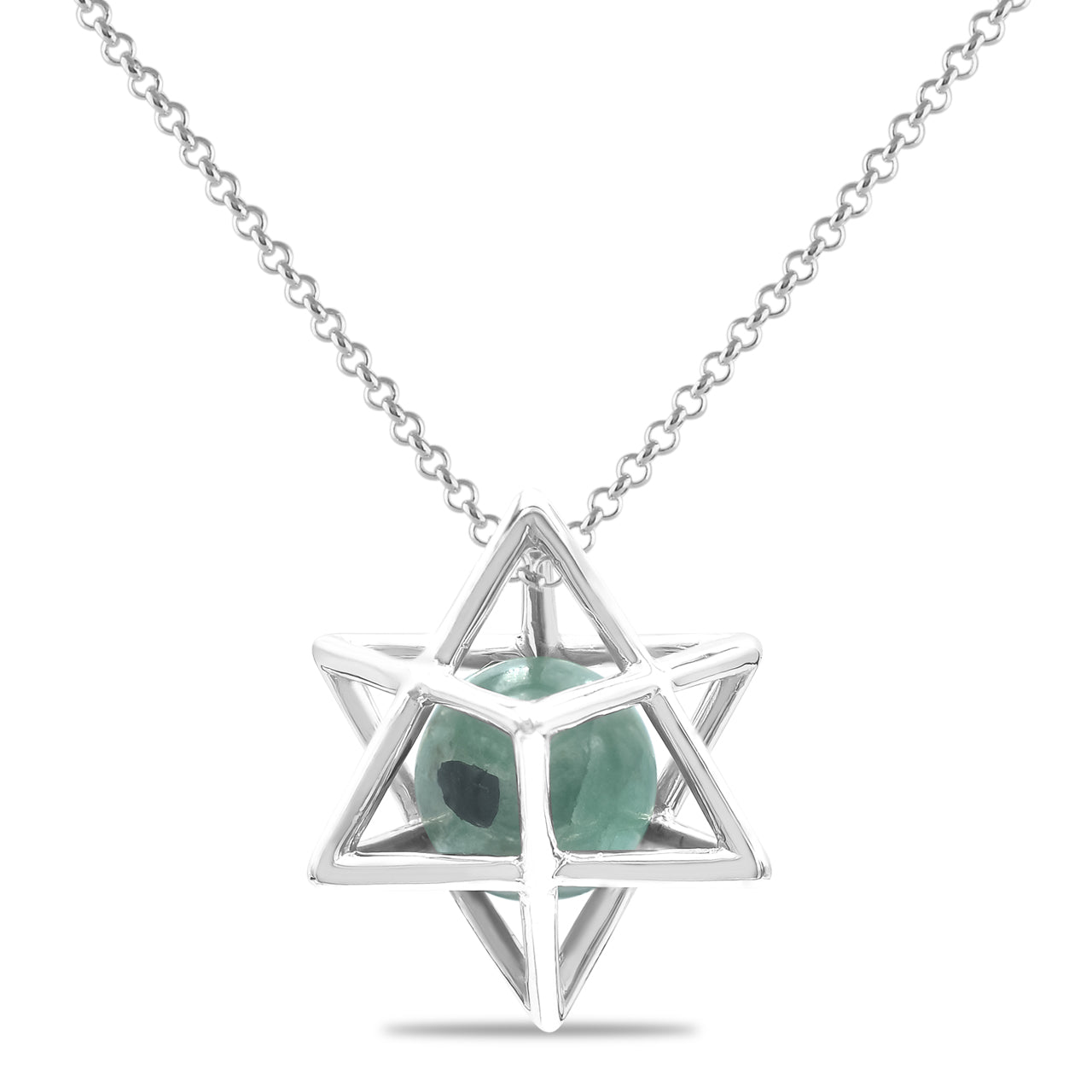 Starborn Merkabah Sterling Silver Cage Pendant and Chain with Emerald Sphere