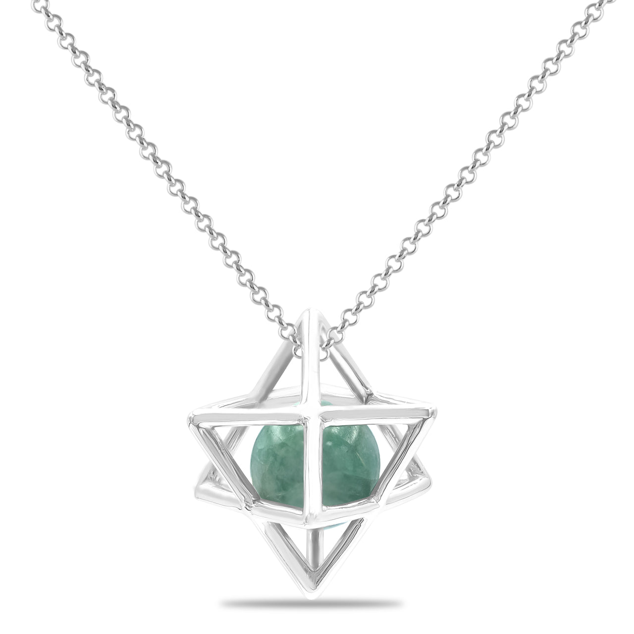 Starborn Merkabah Sterling Silver Cage Pendant and Chain with Emerald Sphere
