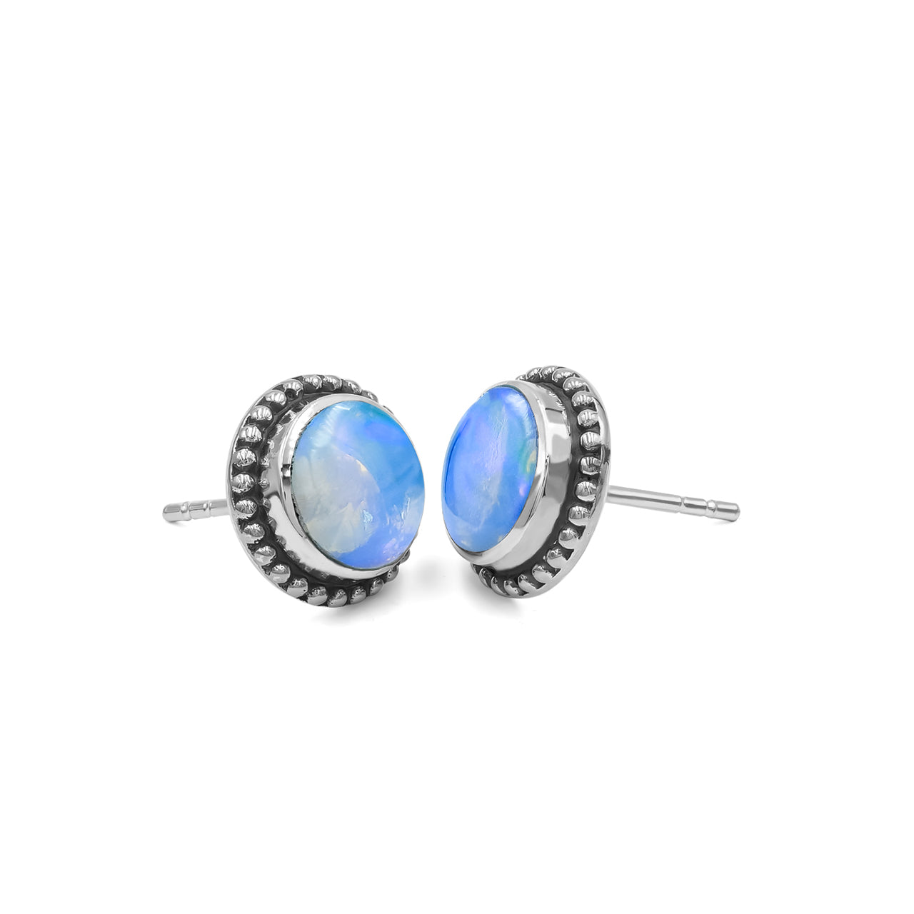 Starborn Ethiopian Opal 8mm Post Style Earrings with Balinese Silverwork in Sterling Silver