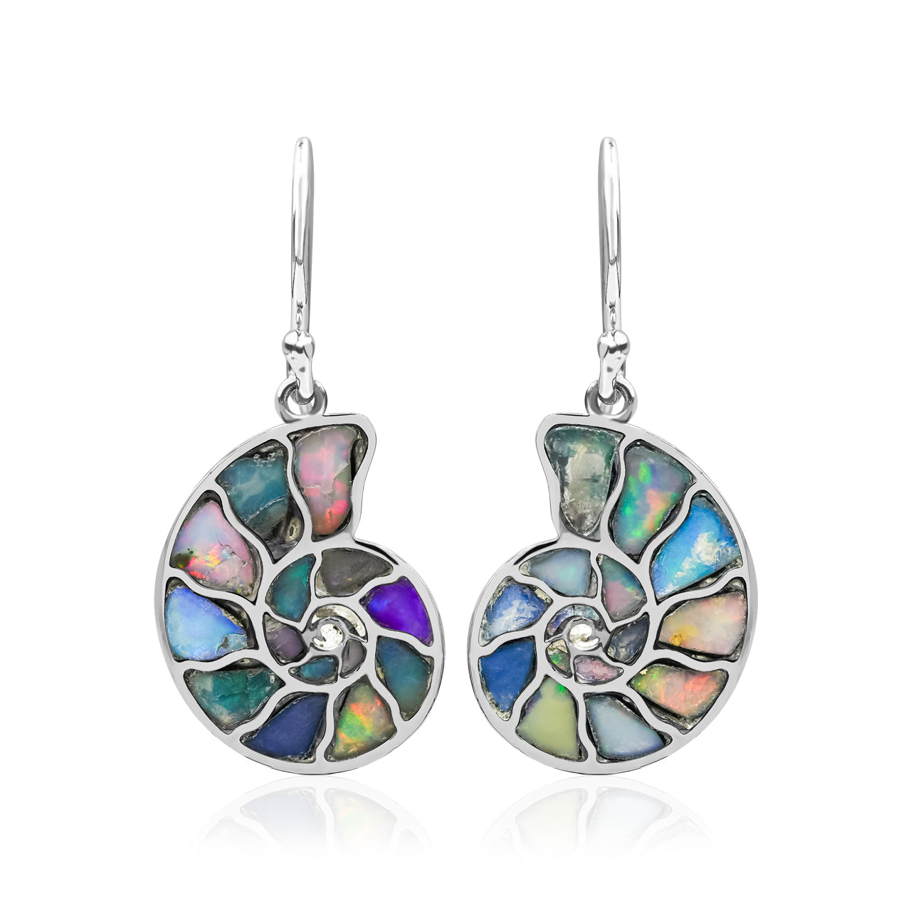 Starborn Nautilus Ammonite with Natural Ethiopian Opal Inlay Earring in Sterling Silver