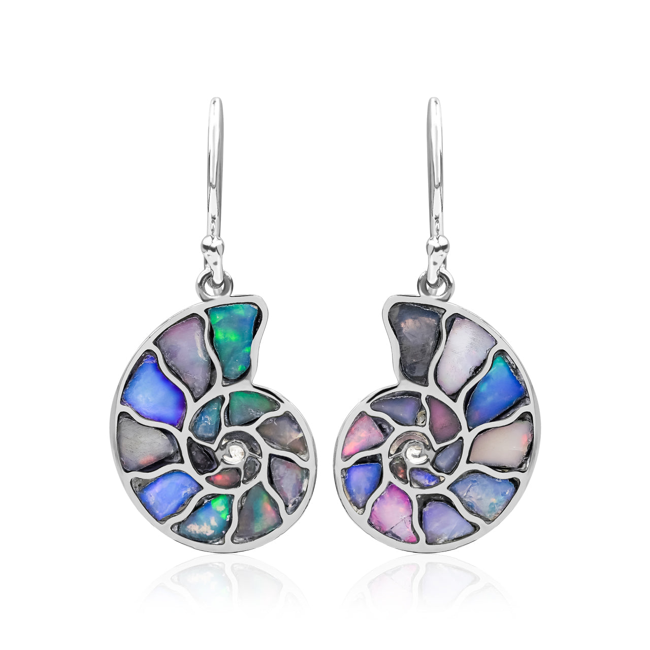 Starborn Nautilus Ammonite with Natural Ethiopian Opal Inlay Earring in Sterling Silver