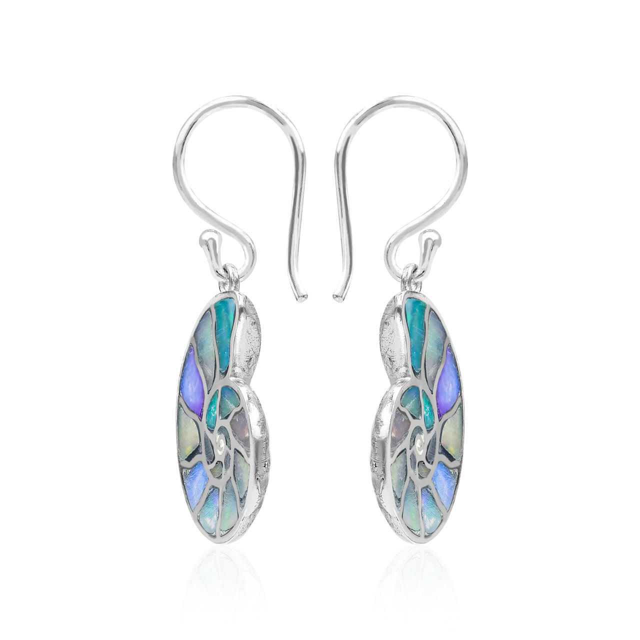 Starborn Nautilus Ammonite with Natural Ethiopian Opal Inlay Earring in Sterling Silver