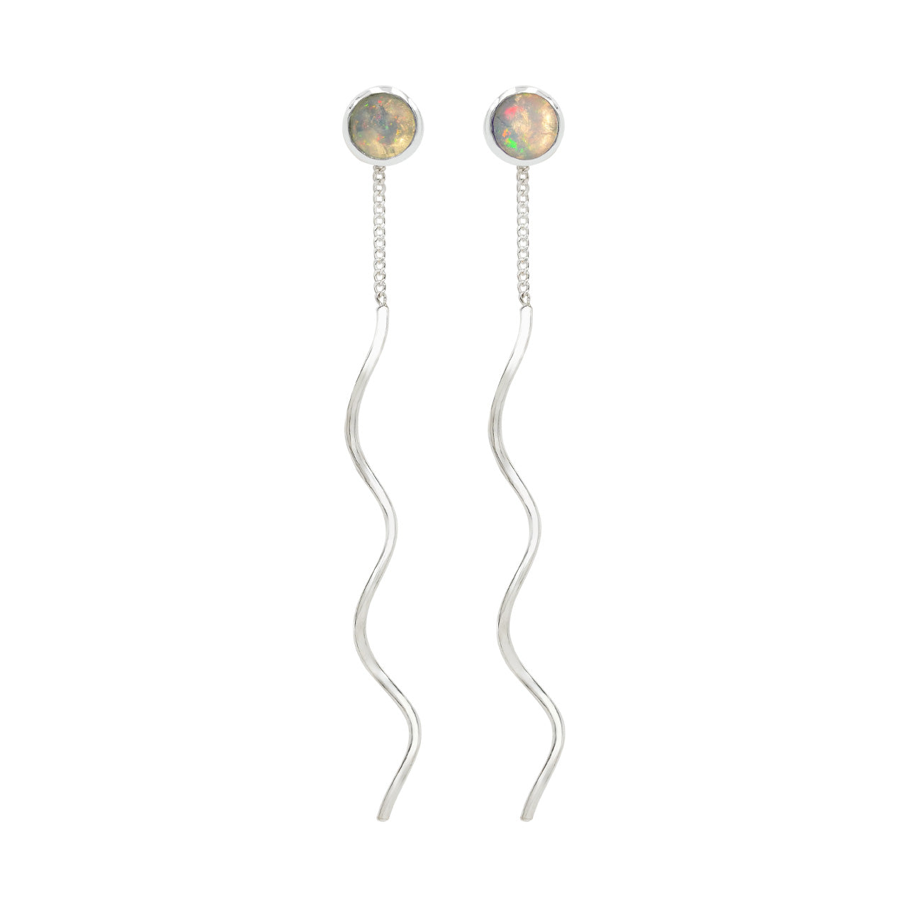 Alternate front view of round natural ethiopian opal stud earrings with flowing curled wire drop in sterling silver