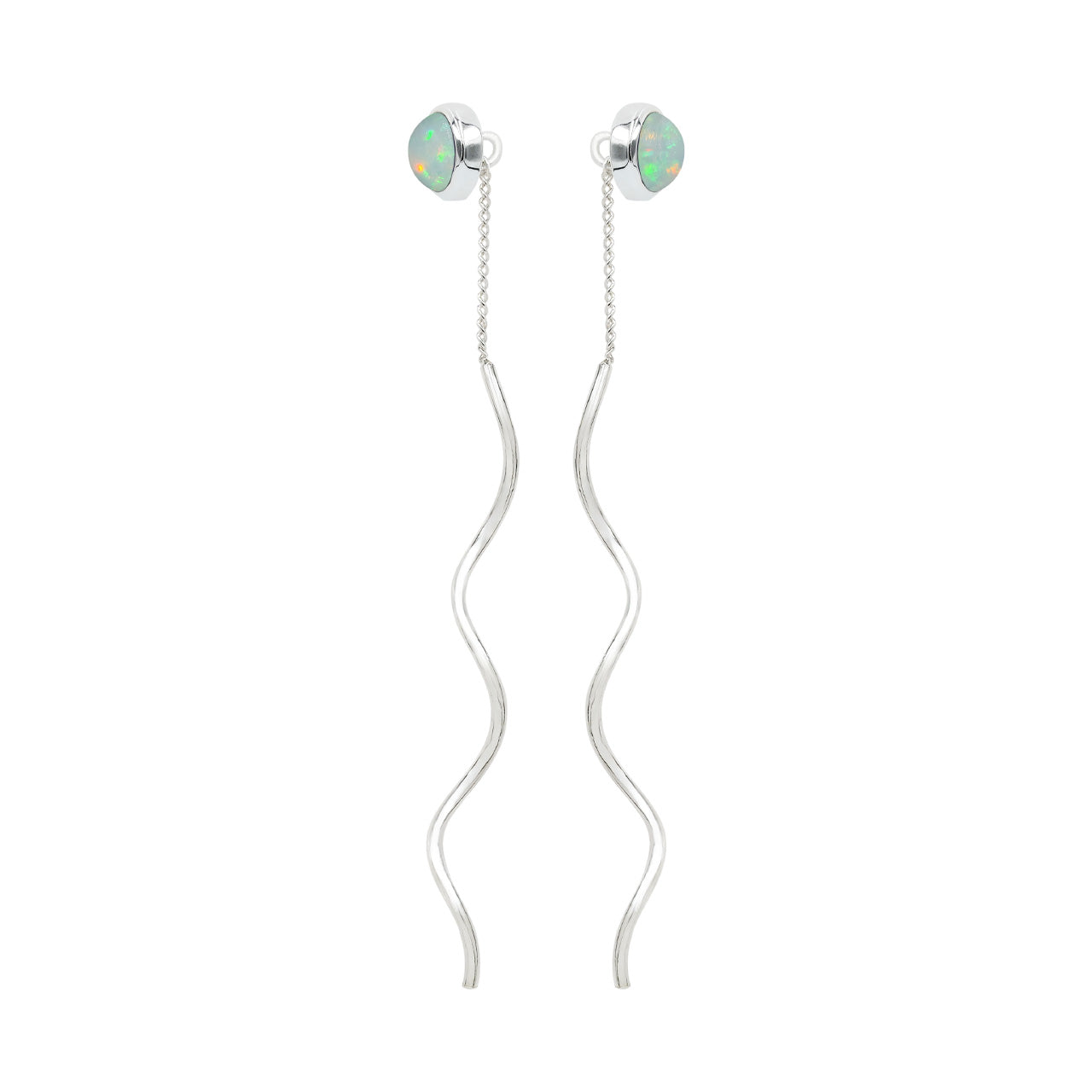 Side view of round natural ethiopian opal stud earrings with flowing curled wire drop showing the thickness of the setting and wire profile.