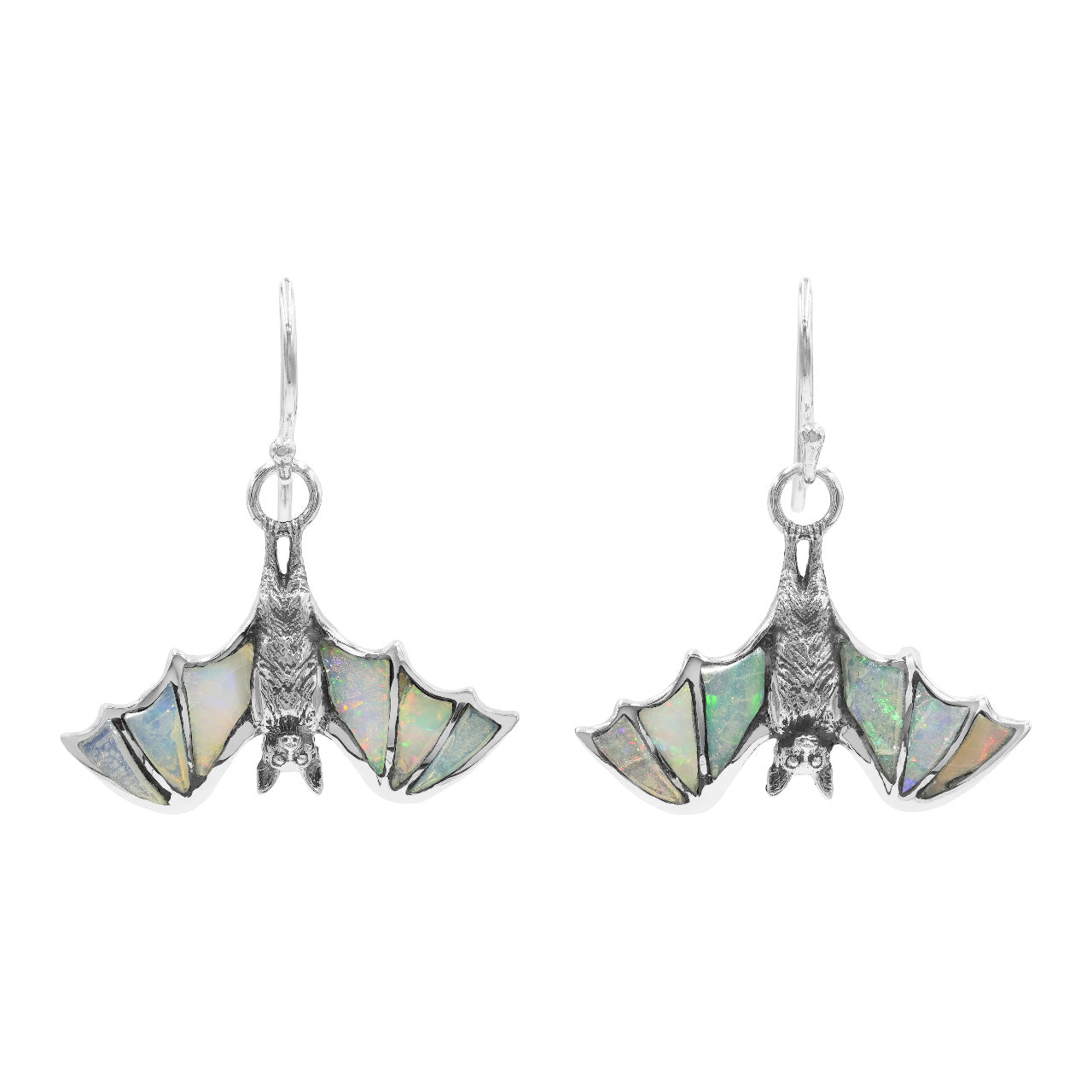 Alternate front view of hanging bat earrings with Ethiopian opal inlay arranged to resemble bat wing veining, showing natural play‑of‑color