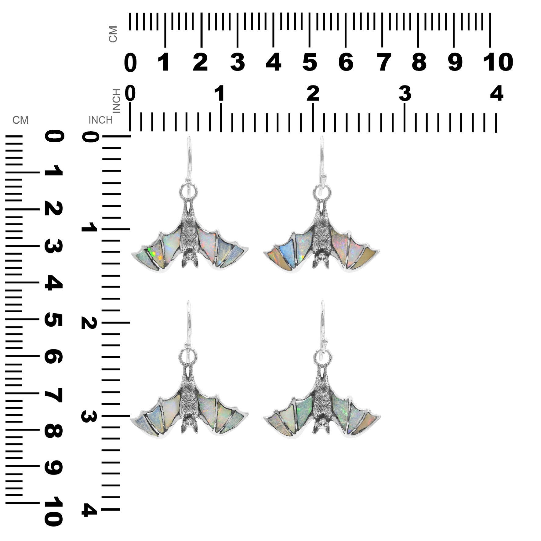 Two pair of hanging bat dangle earrings with ethiopian opal inlay displayed next to measurement chart showing height and width in inches and centimeters.