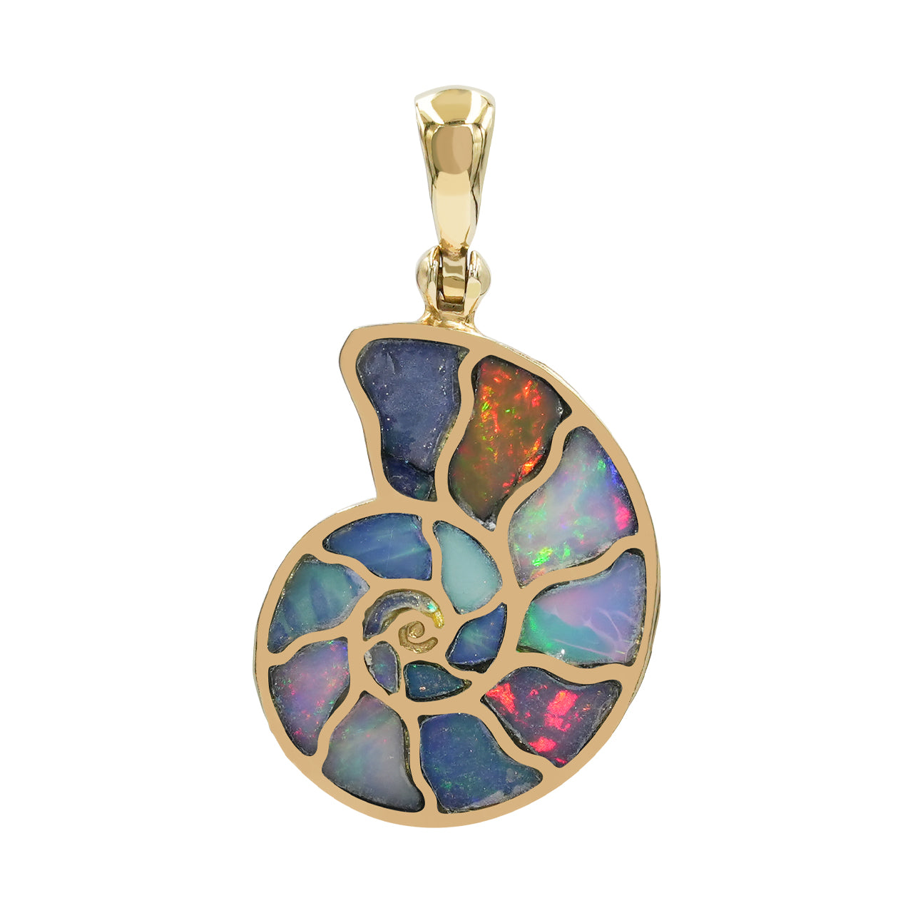 Front view of a nautilus ammonite pendant with Ethiopian opal inlay showing natural play‑of‑color, set in Nordic gold