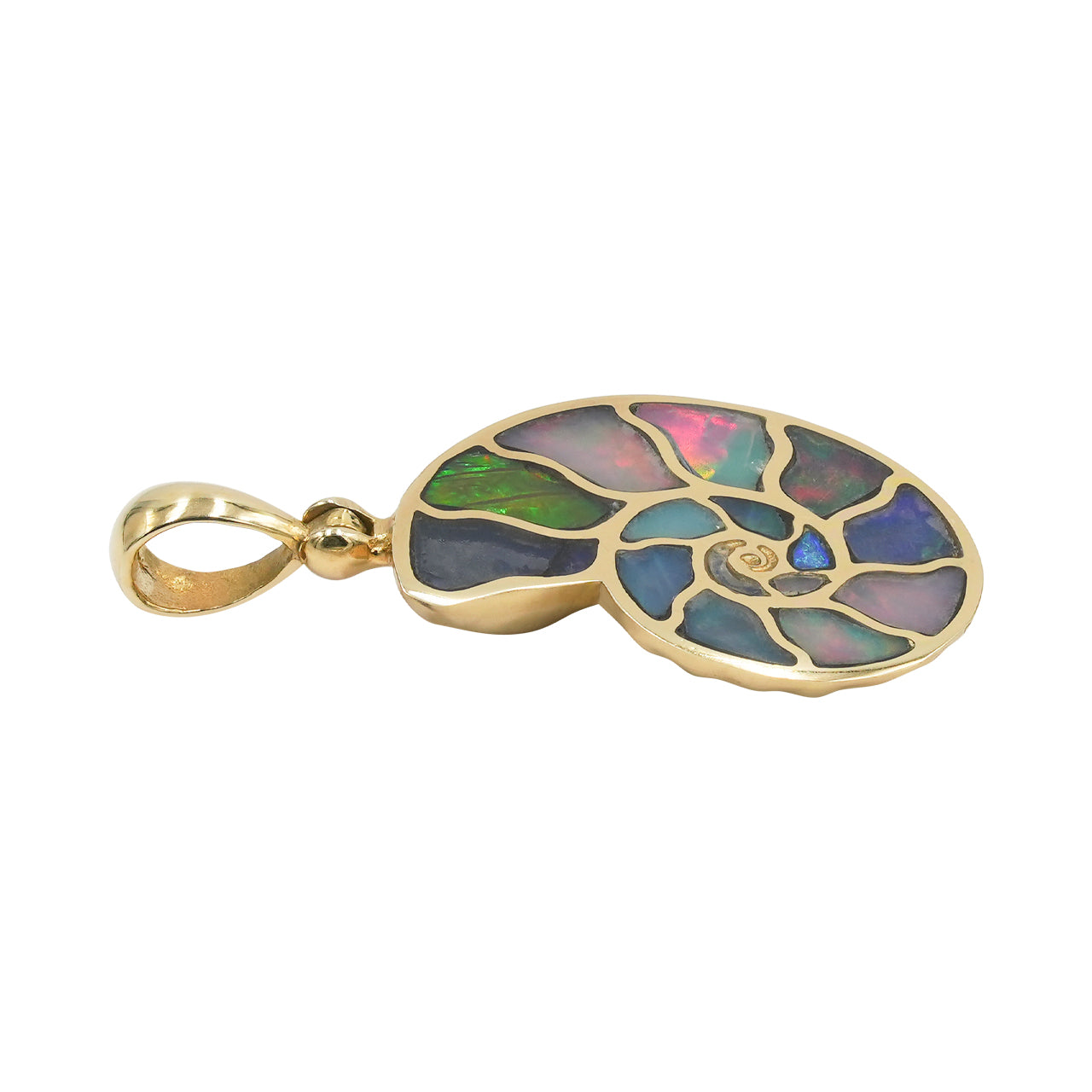 Side view of a nordic gold nautilus ammonite pendant with Ethiopian Opal inlay showing the thickness of the setting and the bail.