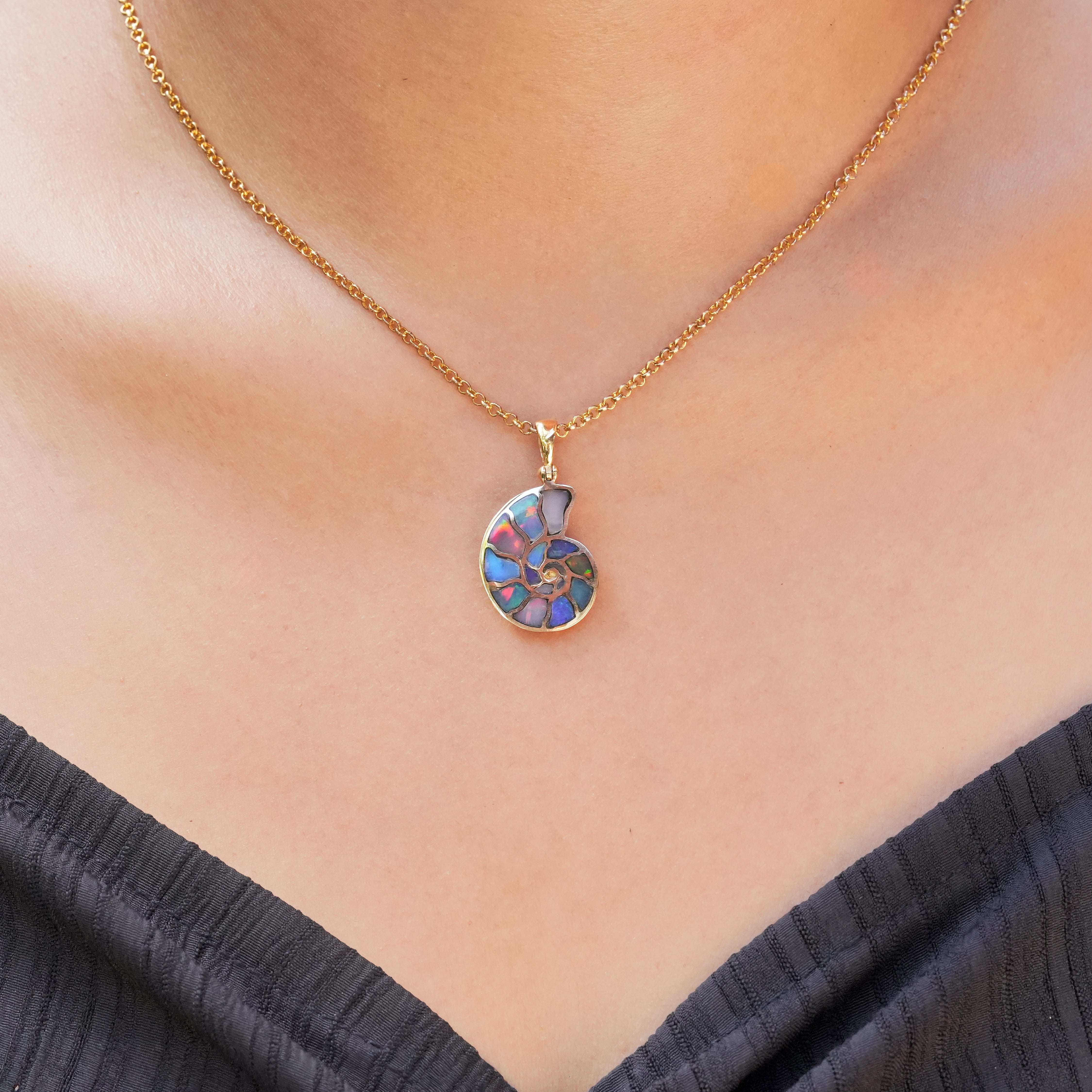 Nordic Gold nautilus ammonite pendant necklace worn on neckline for size reference