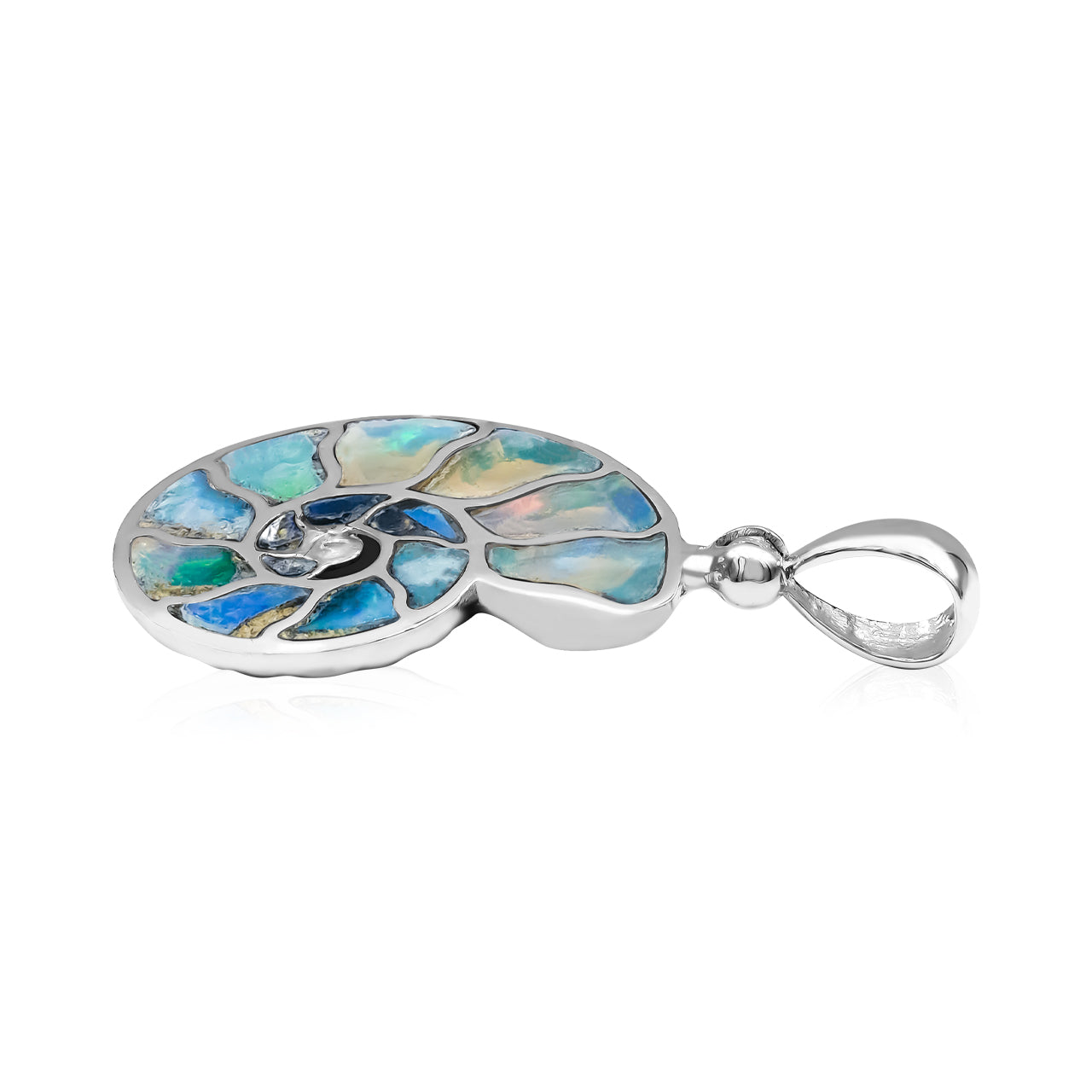 Starborn Ethiopian Opal Inlay Nautilus Ammonite Pendant in Sterling Silver