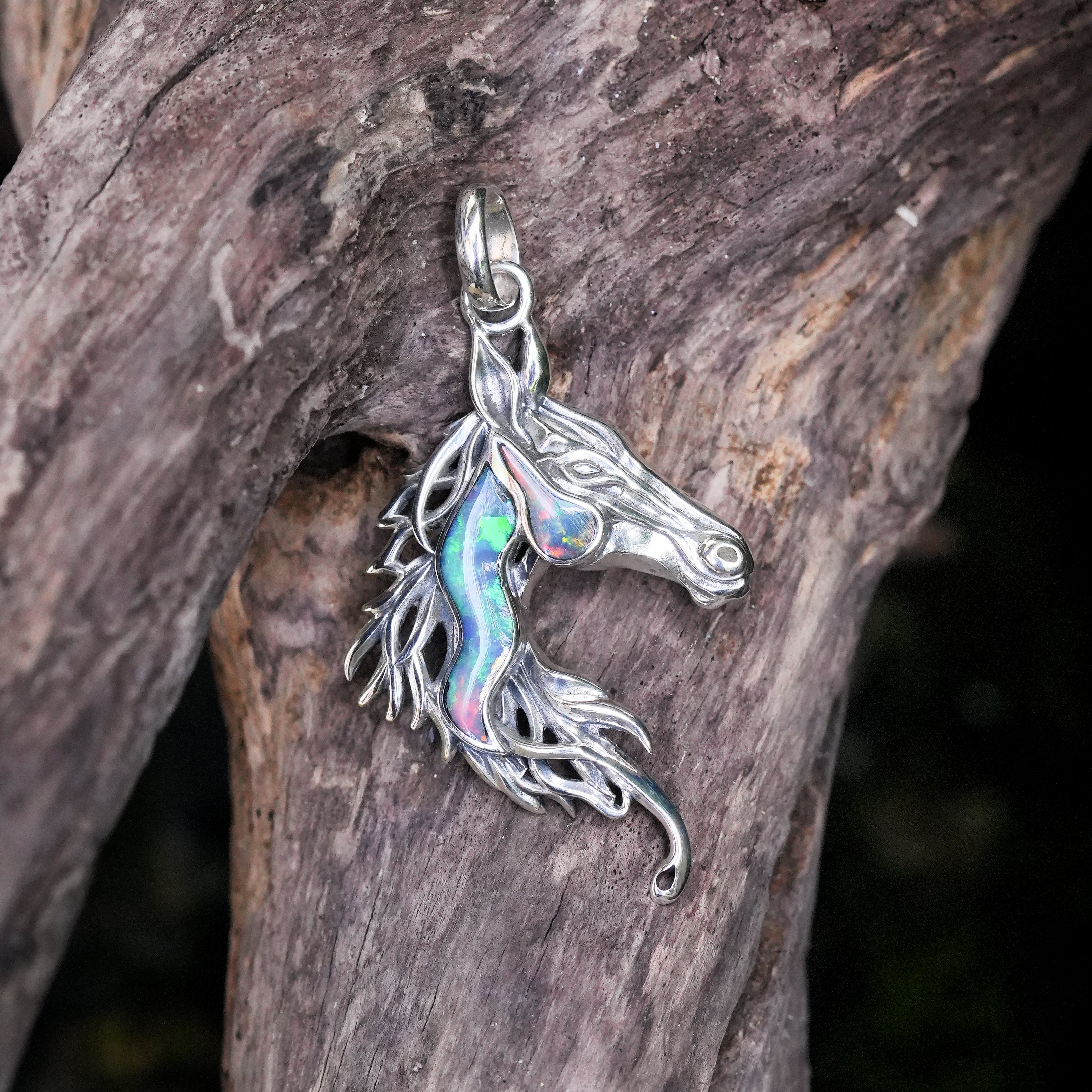 Starborn Natural Ethiopian Opal Horse Head Pendant in Sterling Silver