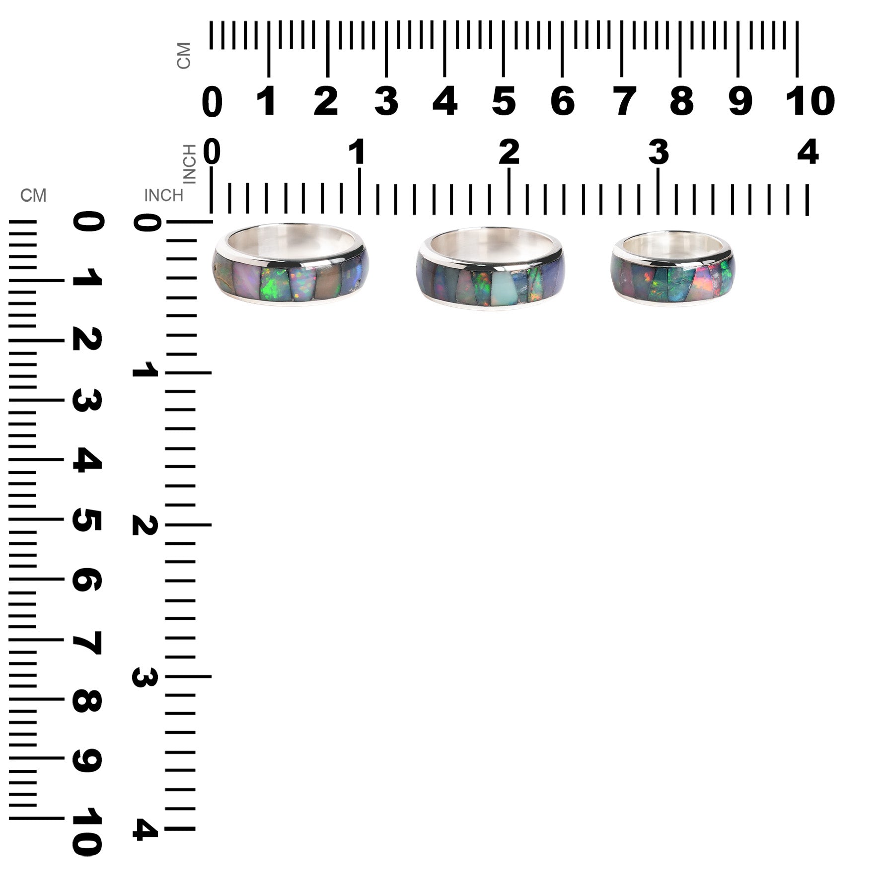 Three pieces of ethiopian channel rings displayed next to measurement chart, showing height and width in inches and centimeters.