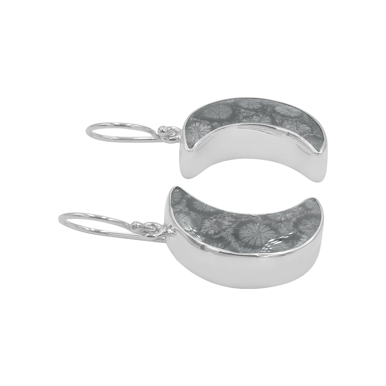Starborn Fossil Coral Crescent Moon Earrings in Sterling Silver