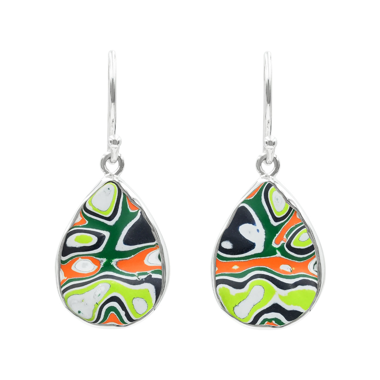 Starborn Green Fordite Round Pear Earrings in Sterling Silver