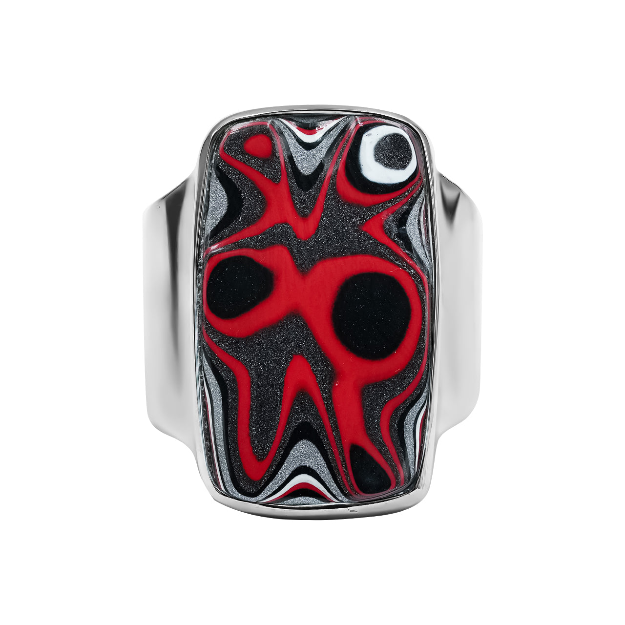 Front view of a fordite rectangle ring showing bold layered banding in red, black, white and silver.