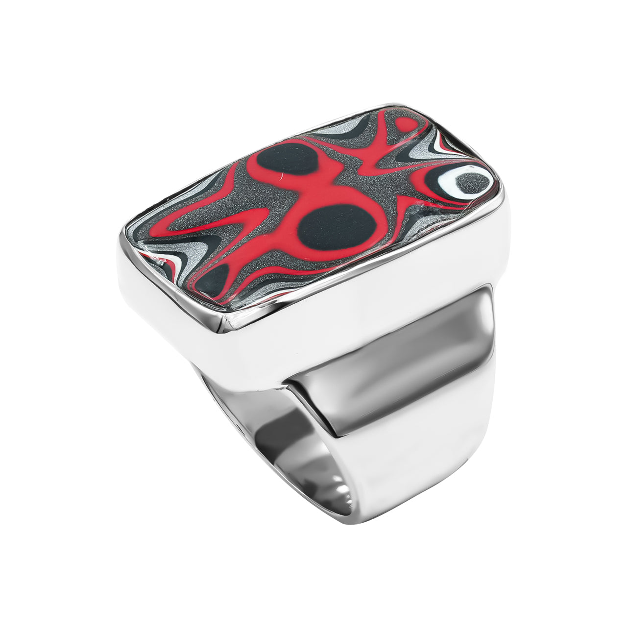 Angled view of a fordite rectangle ring showing bold layered banding in red, black, white and silver