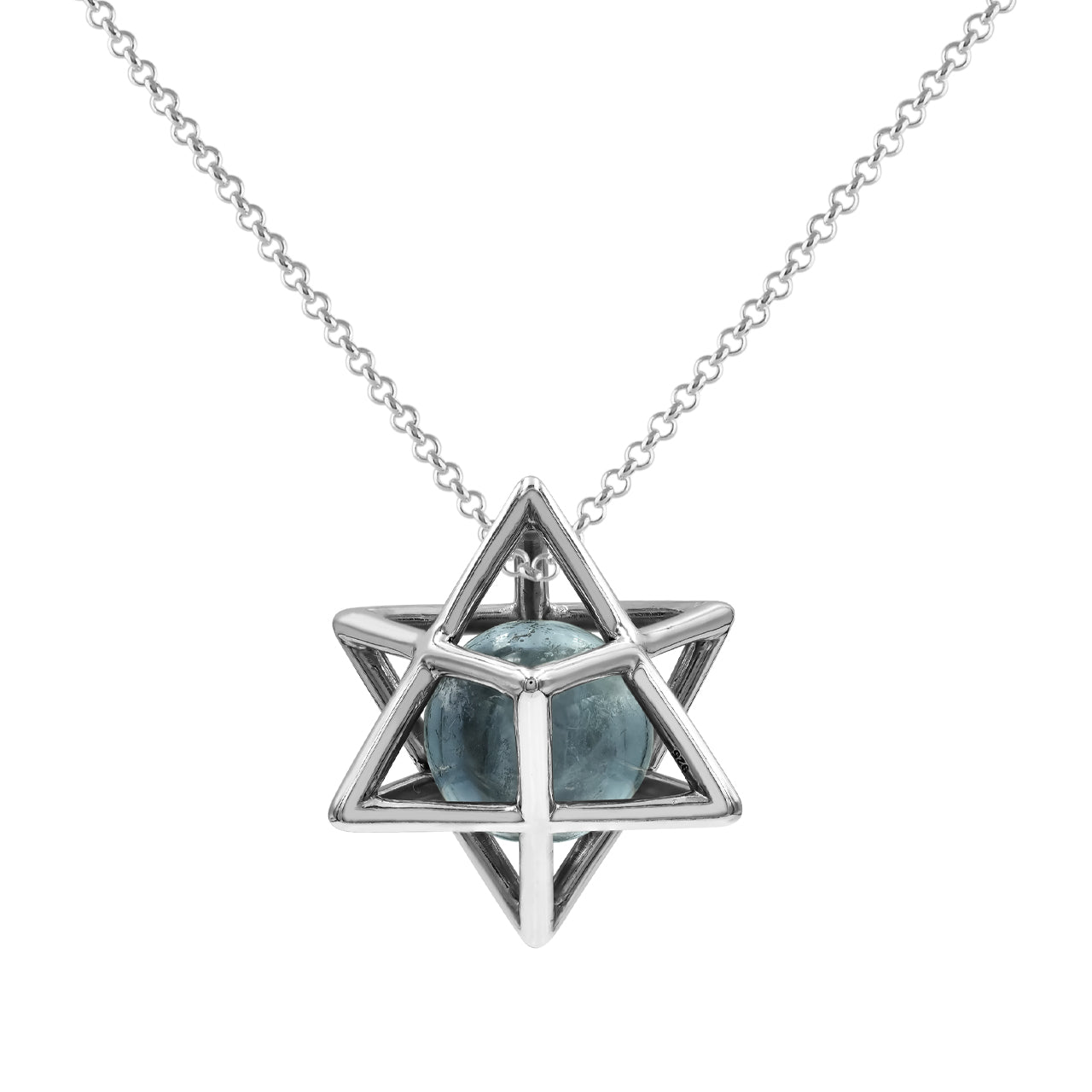 Starborn Merkabah Sterling Silver Cage Pendant and Chain with Fluorite Sphere
