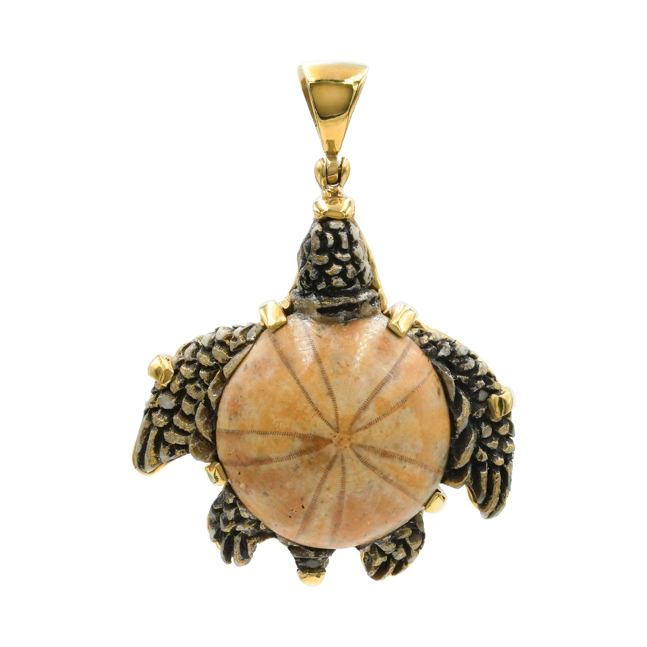 Starborn Fossil Sea Urchin Tutrle Carving Pendant in Nordic Gold