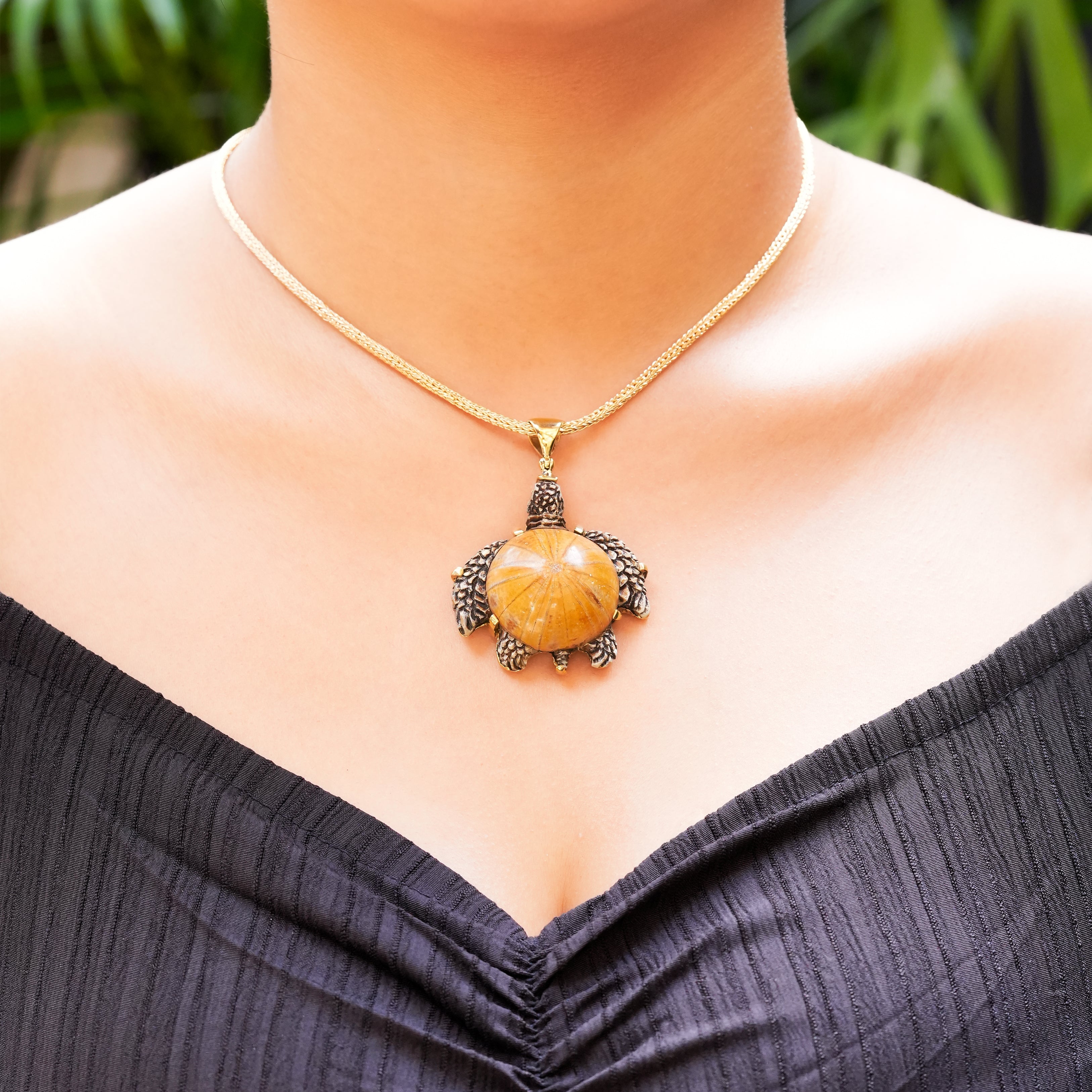 Starborn Fossil Sea Urchin Tutrle Carving Pendant in Nordic Gold