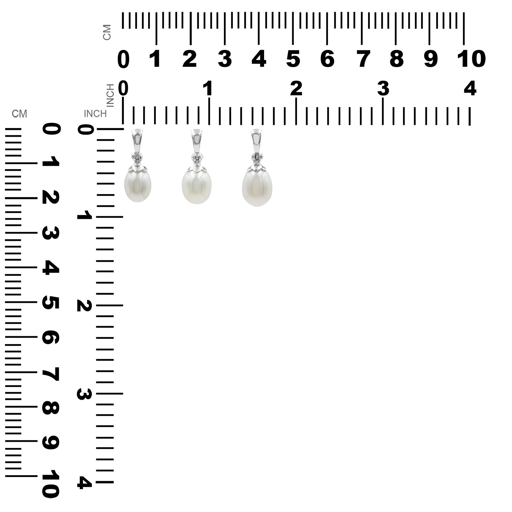 Freshwater Pearl pendants displayed next to measurement chart sowing height and width in inches and centimeters.