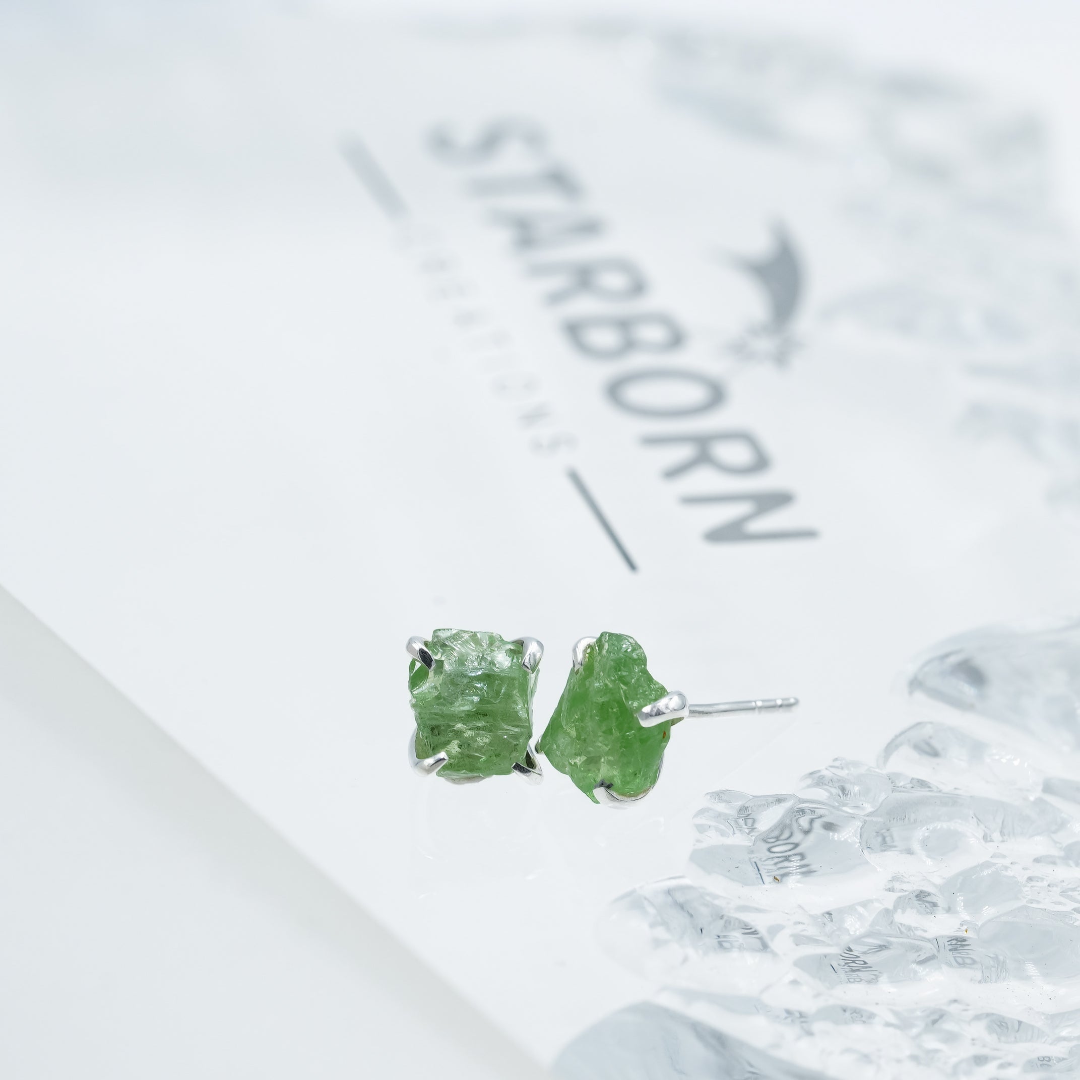 Starborn Green Garnet Tsavorite Rough Post Style Earring in Sterling Silver