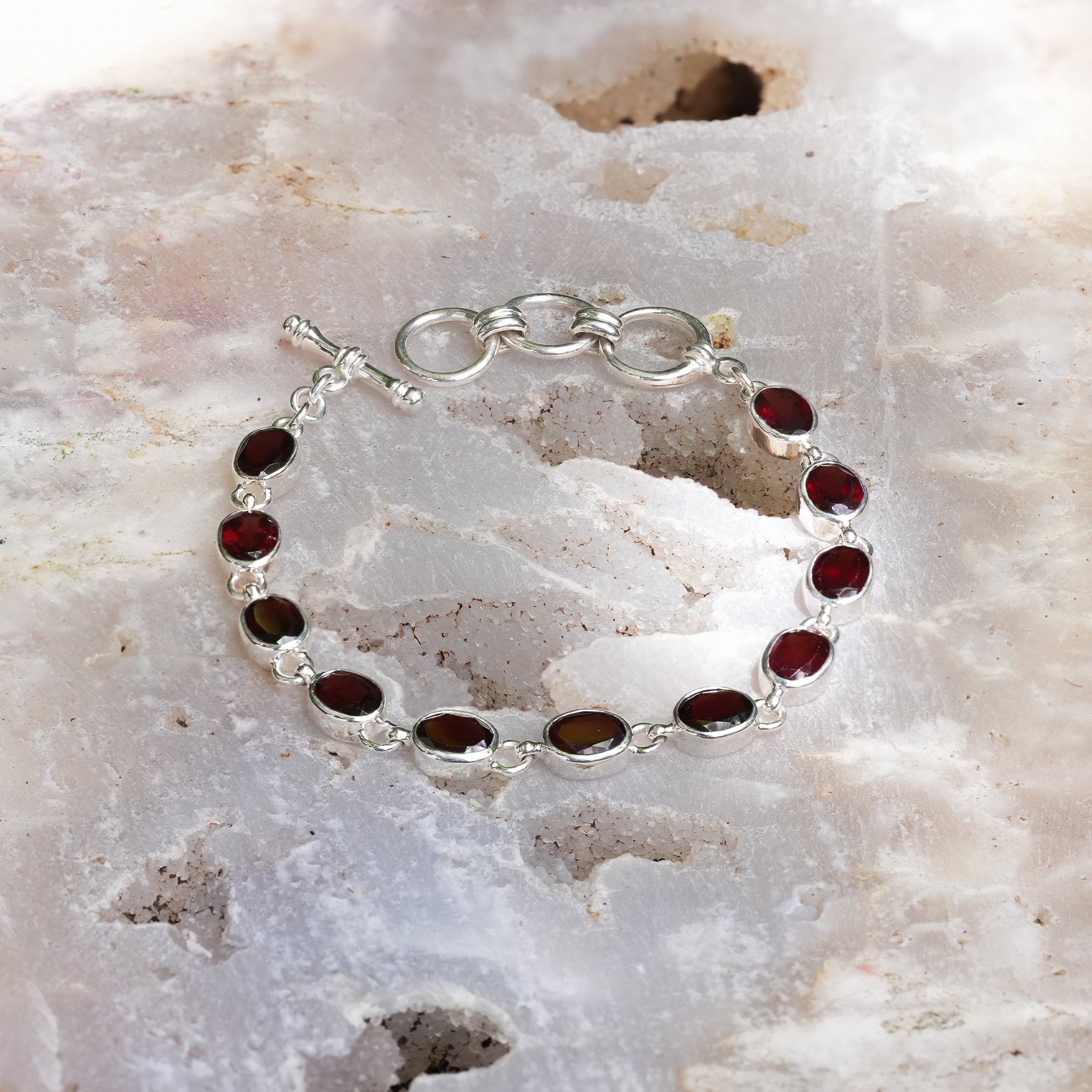 Starborn Garnet Crystal Oval Faceted Bracelet in Fine Sterling Silver