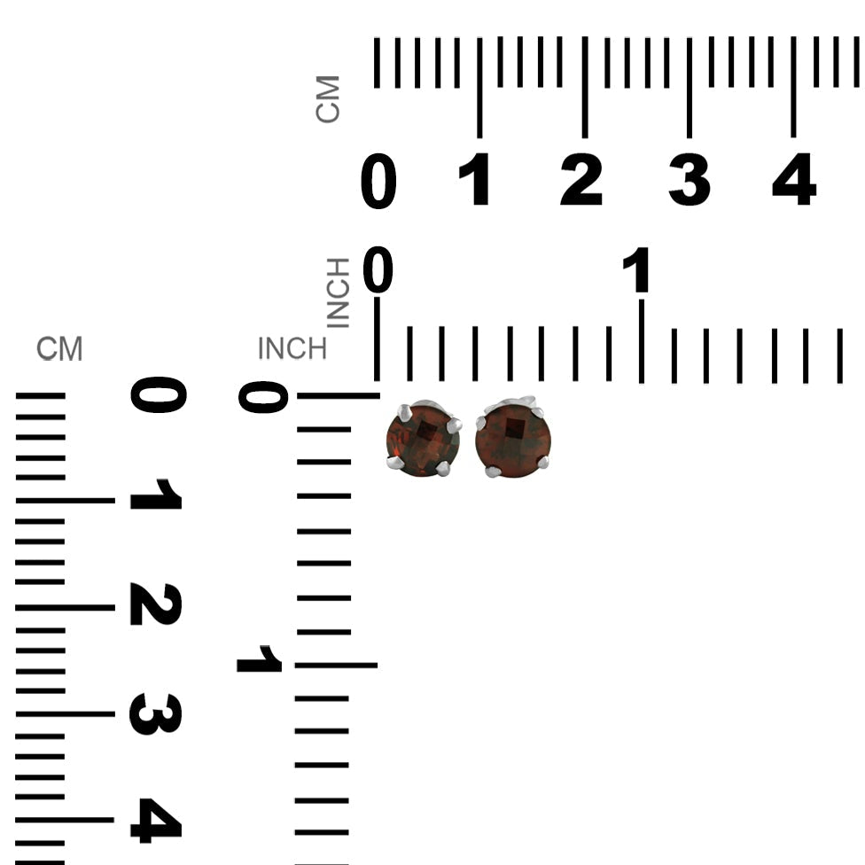 Pairs of faceted Garnet post earrings displayed next to measurement chart showing height and width in inches and centimeters.
