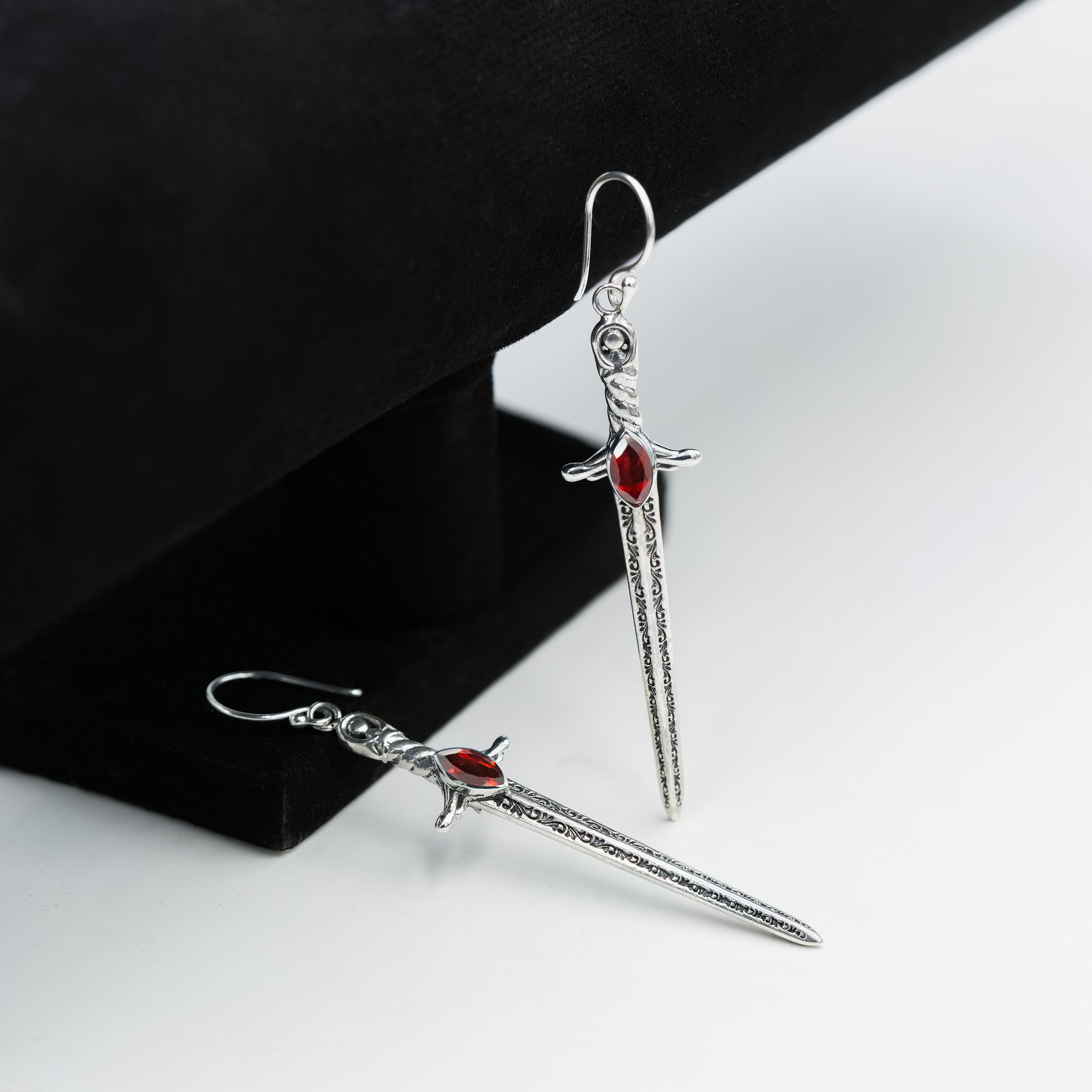 Starborn Garnet Sword Dangle Earrings in Sterling Silver