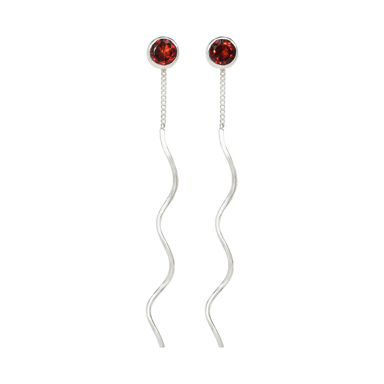 Starborn Faceted Garnet Stud Earrings with Flowing Curled Wire Drop in Sterling Silver